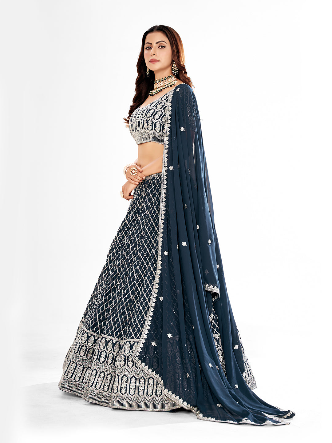 Navy Blue & Silver Embroidered Semi-Stitch Lehenga Choli