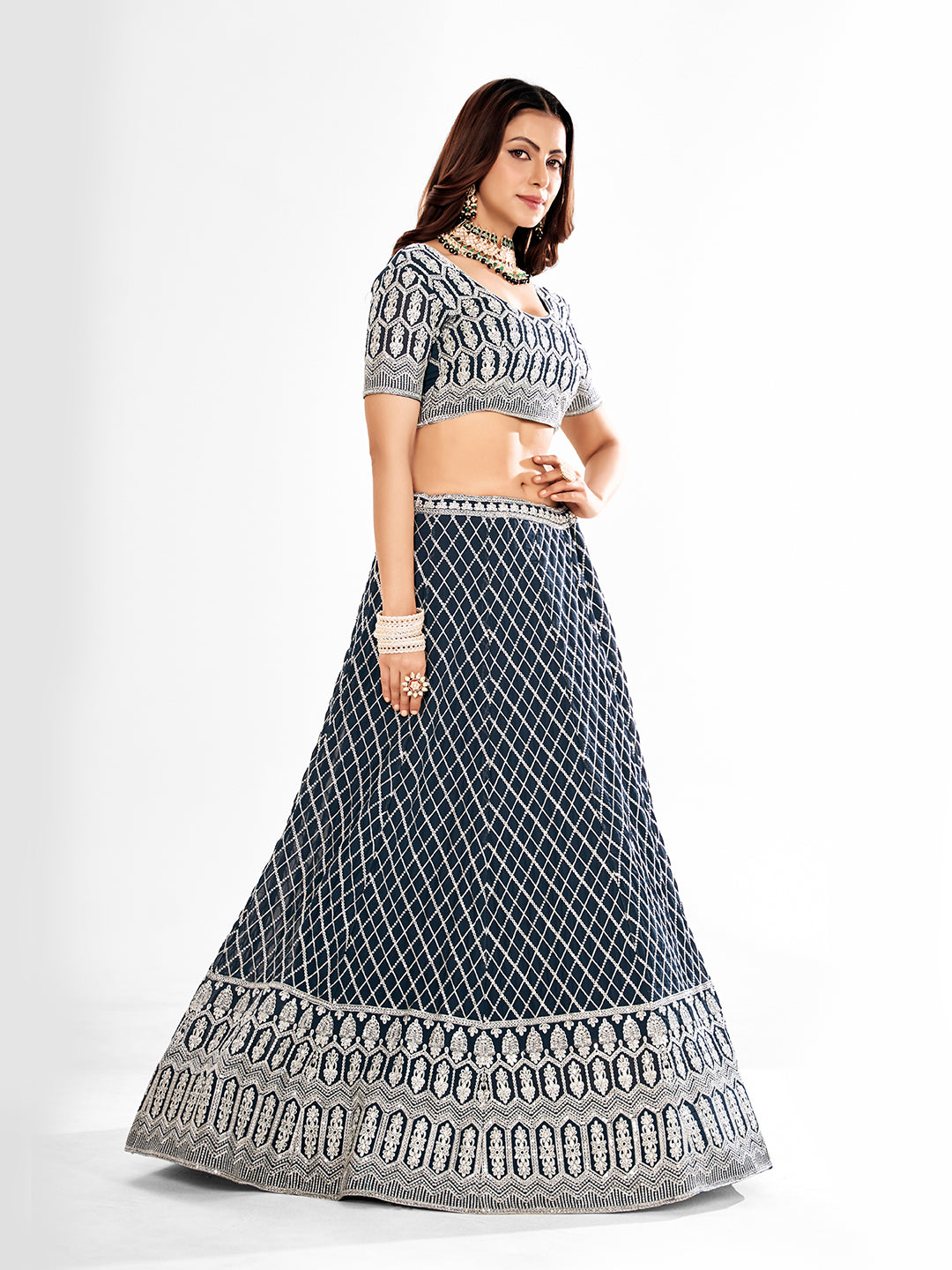 Navy Blue & Silver Embroidered Semi-Stitch Lehenga Choli