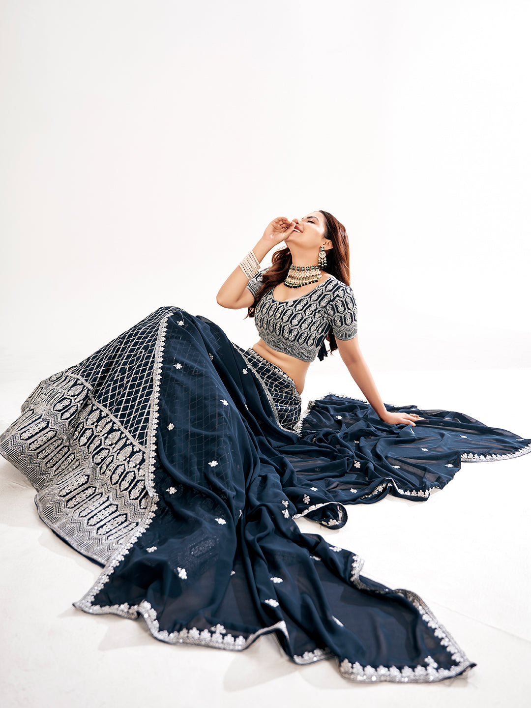 Navy Blue & Silver Embroidered Semi-Stitch Lehenga Choli