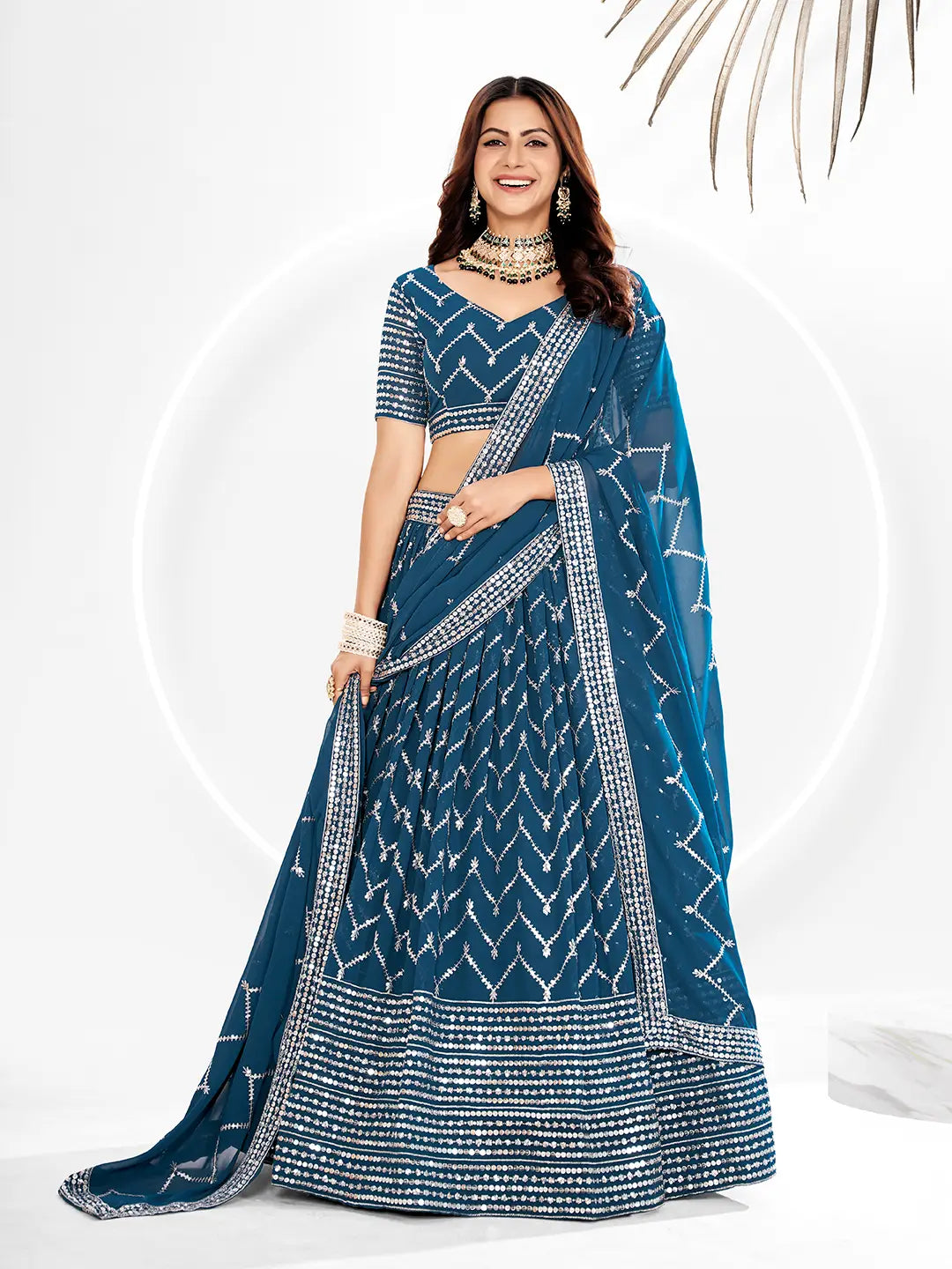 Blue Embroidered Sequined Semi-Stitched Lehenga Choli