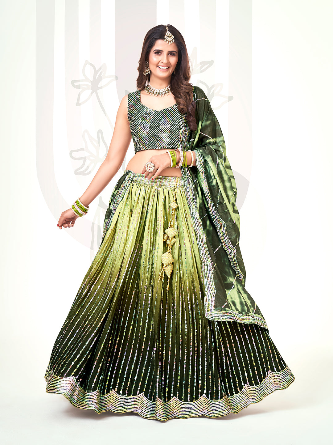 Green Two-Tone Sequin Embroidered Lehenga Choli Set with Dupatta - Elegant Party Wear