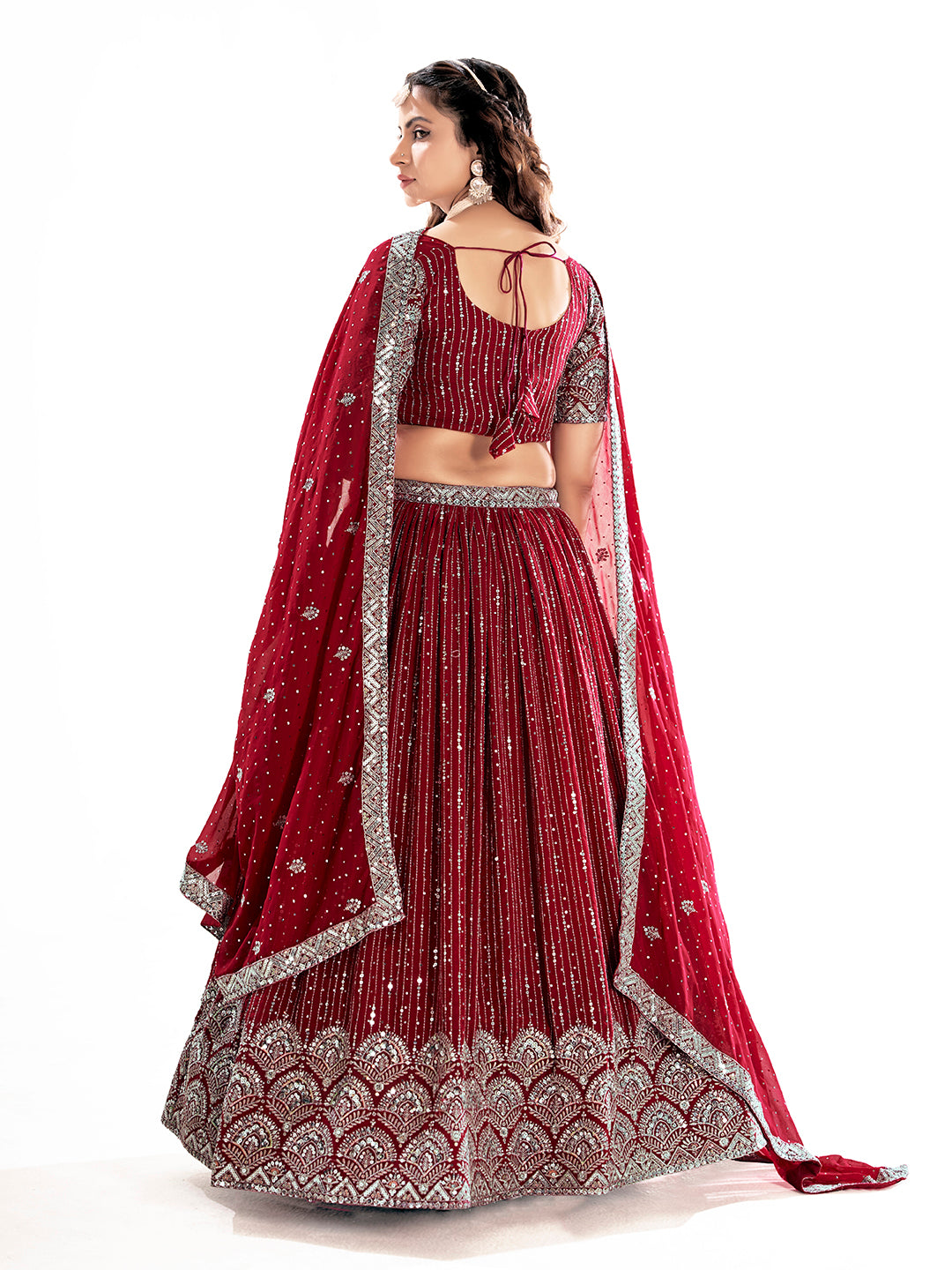 Dark Red Georgette Designer Semi-Stitch Lehenga Choli