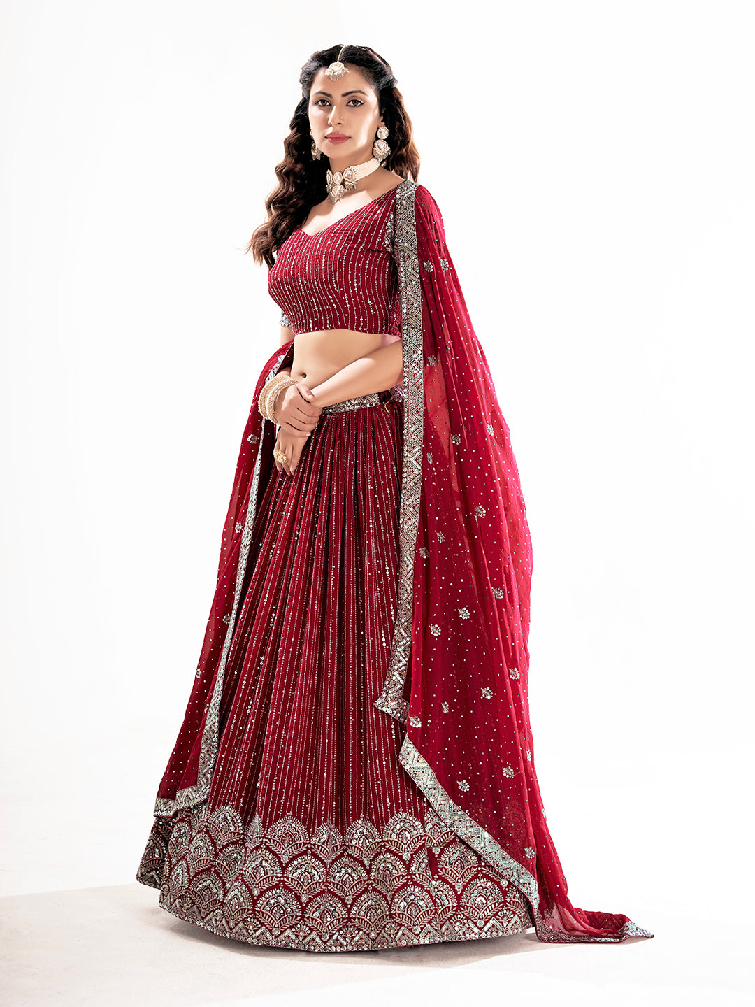 Dark Red Georgette Designer Semi-Stitch Lehenga Choli