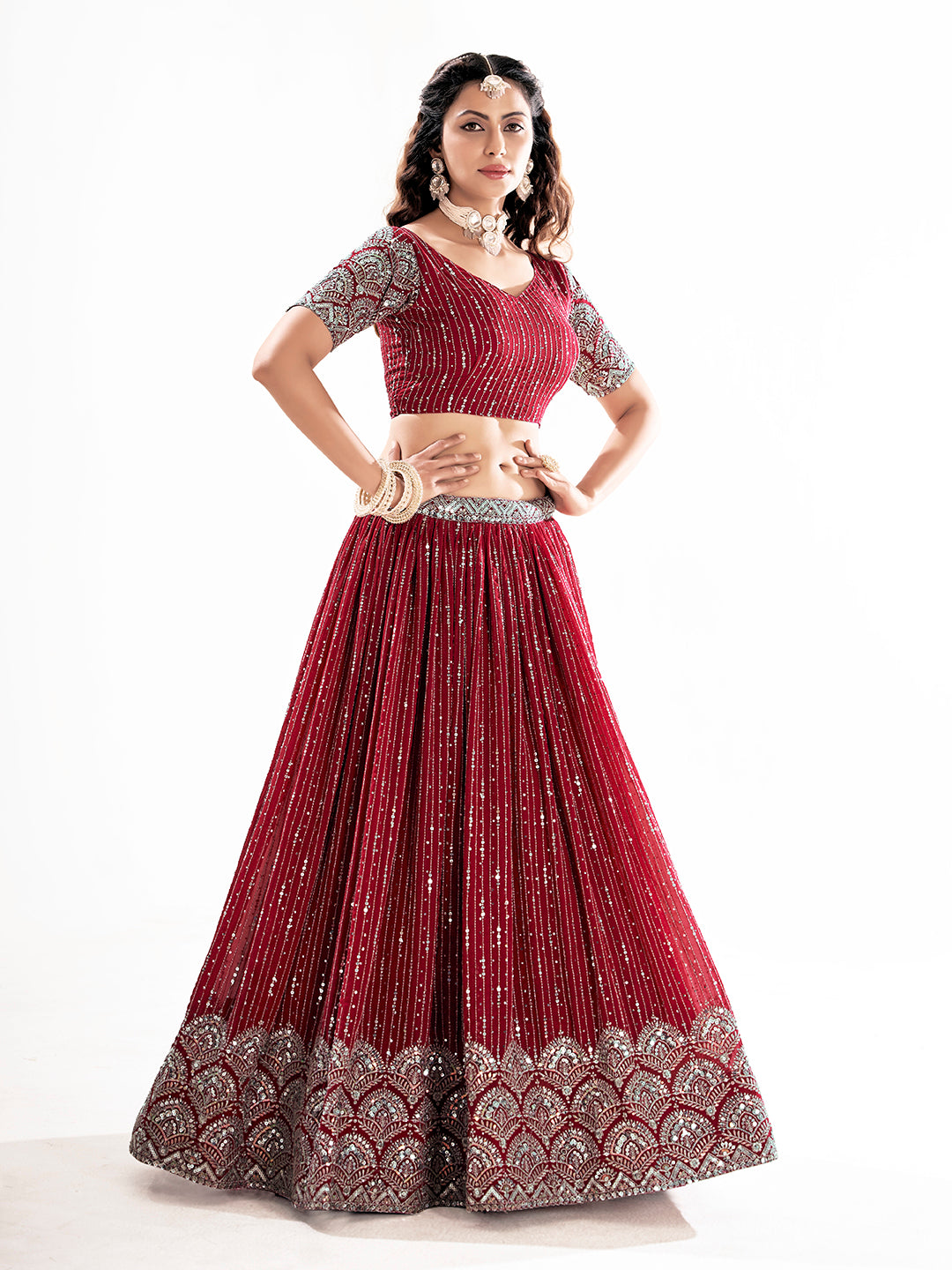 Dark Red Georgette Designer Semi-Stitch Lehenga Choli