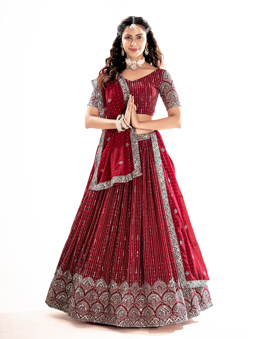 Dark Red Georgette Designer Semi-Stitch Lehenga Choli