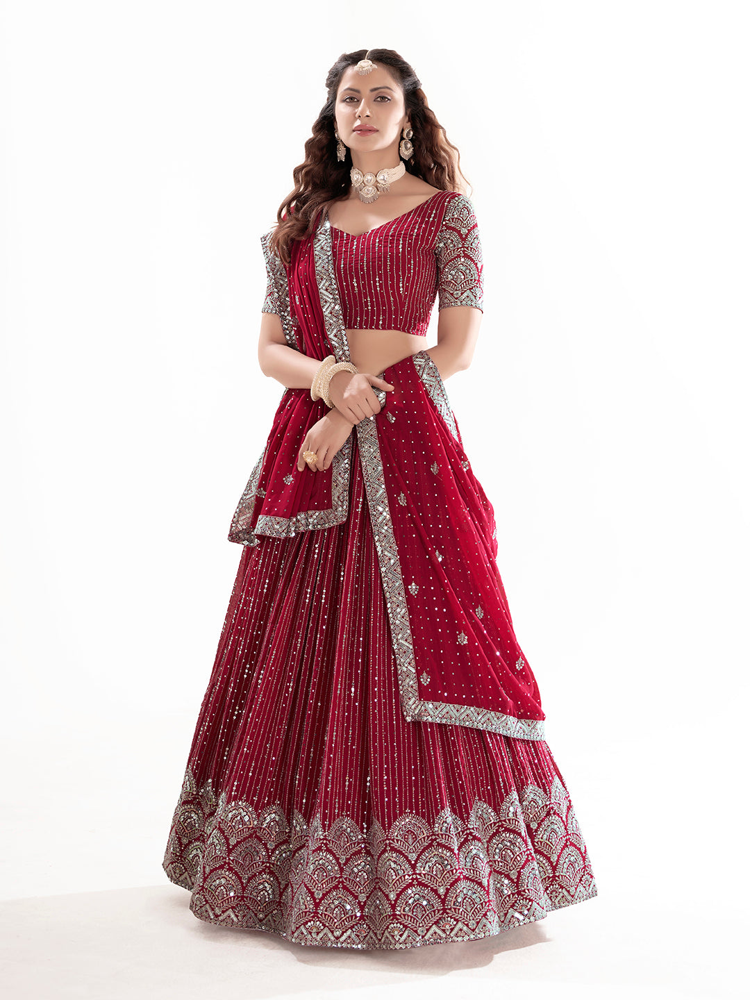 Dark Red Georgette Designer Semi-Stitch Lehenga Choli