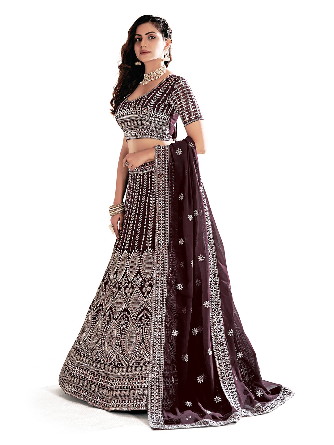 Purple Embroidered Semi-Stitched Lehenga & Unstitched Blouse With Dupatta