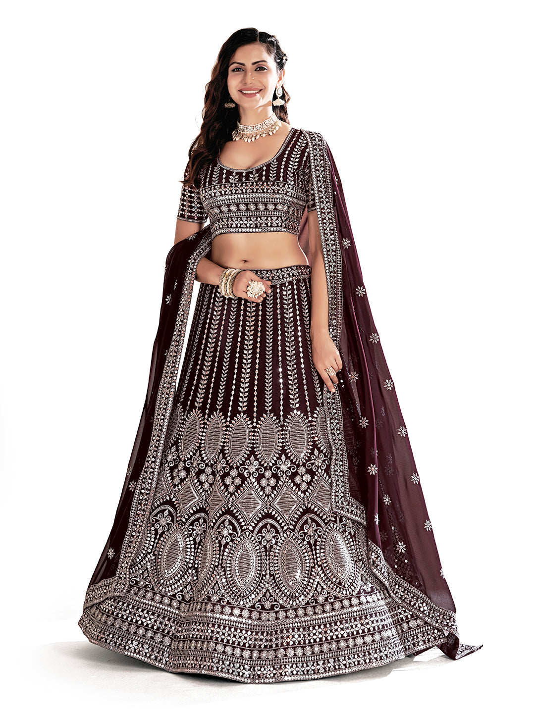 Purple Embroidered Semi-Stitched Lehenga & Unstitched Blouse With Dupatta