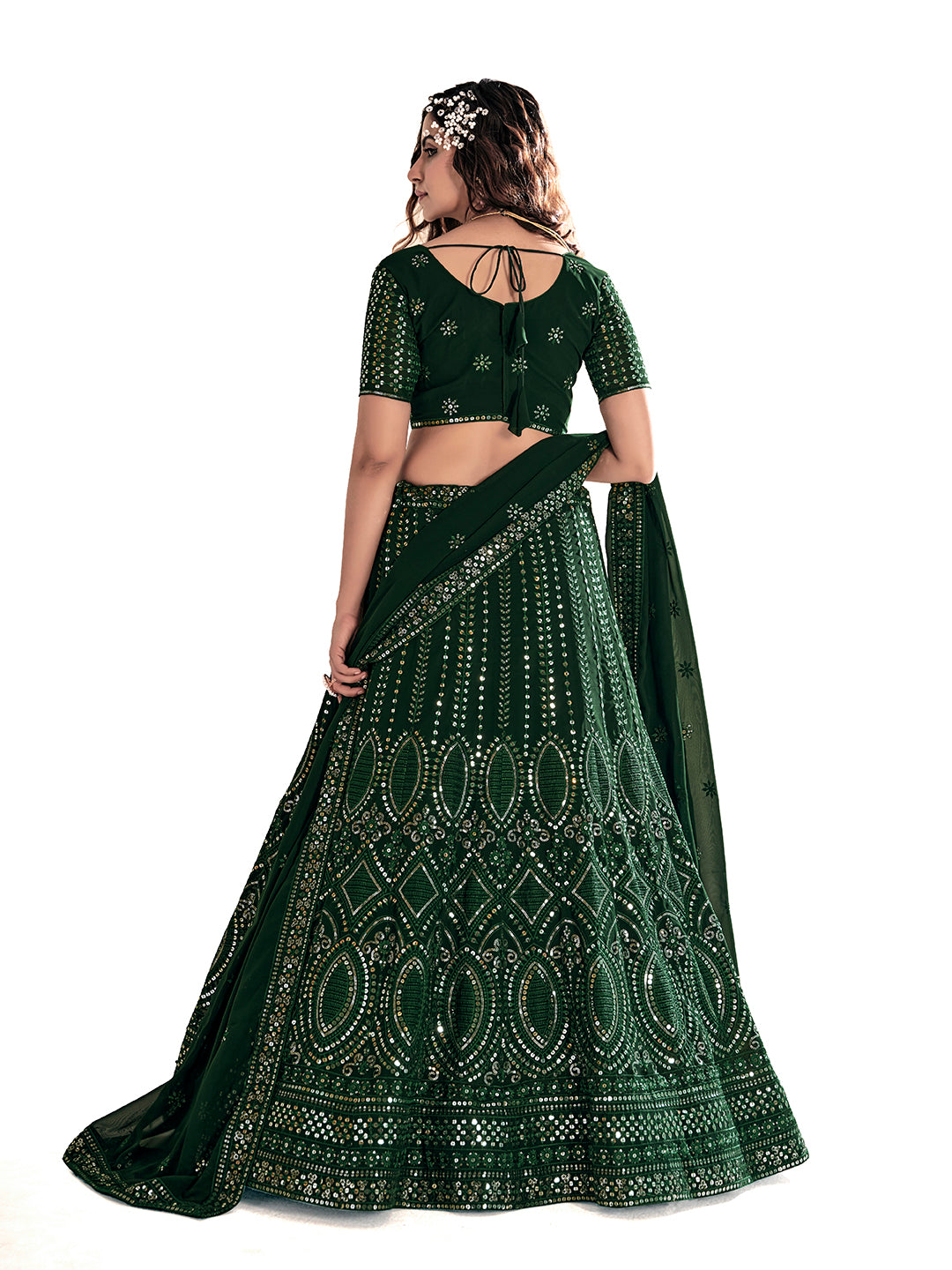 Bottle Green Georgette Designer Semi-Stitch Lehenga Choli