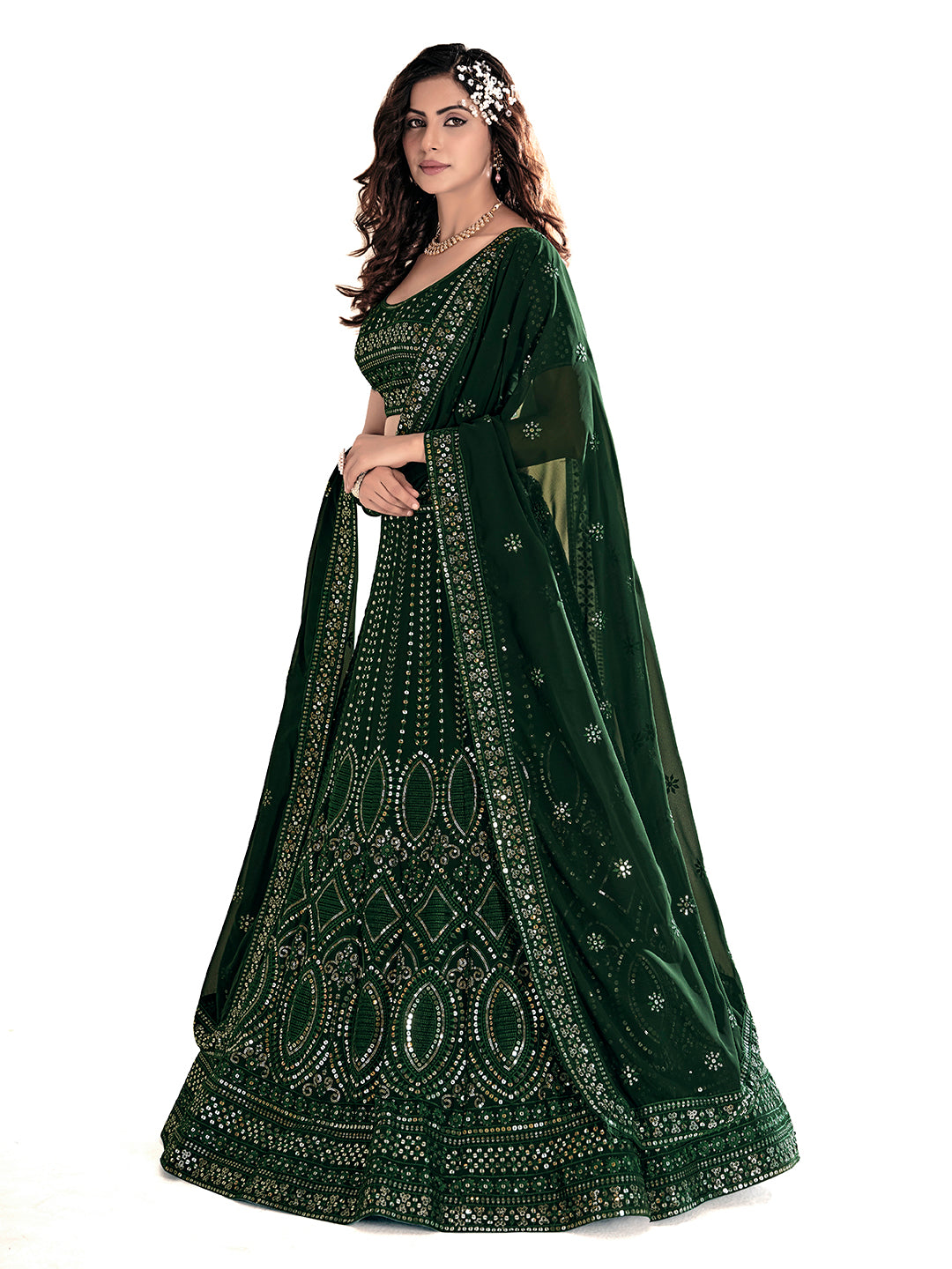 Bottle Green Georgette Designer Semi-Stitch Lehenga Choli