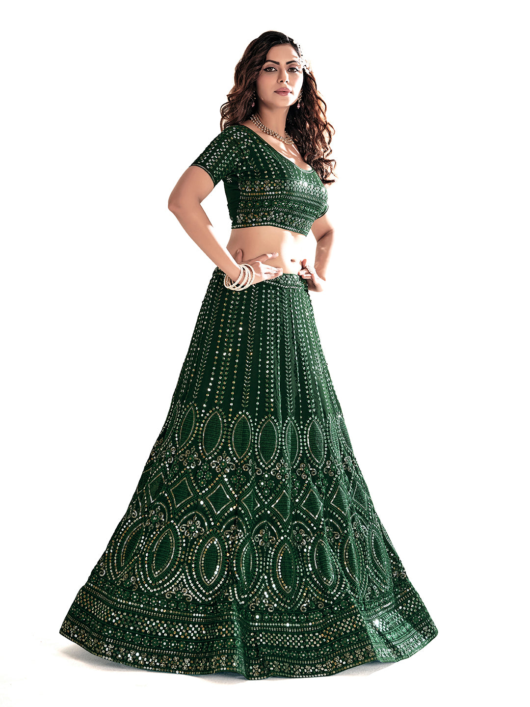 Bottle Green Georgette Designer Semi-Stitch Lehenga Choli