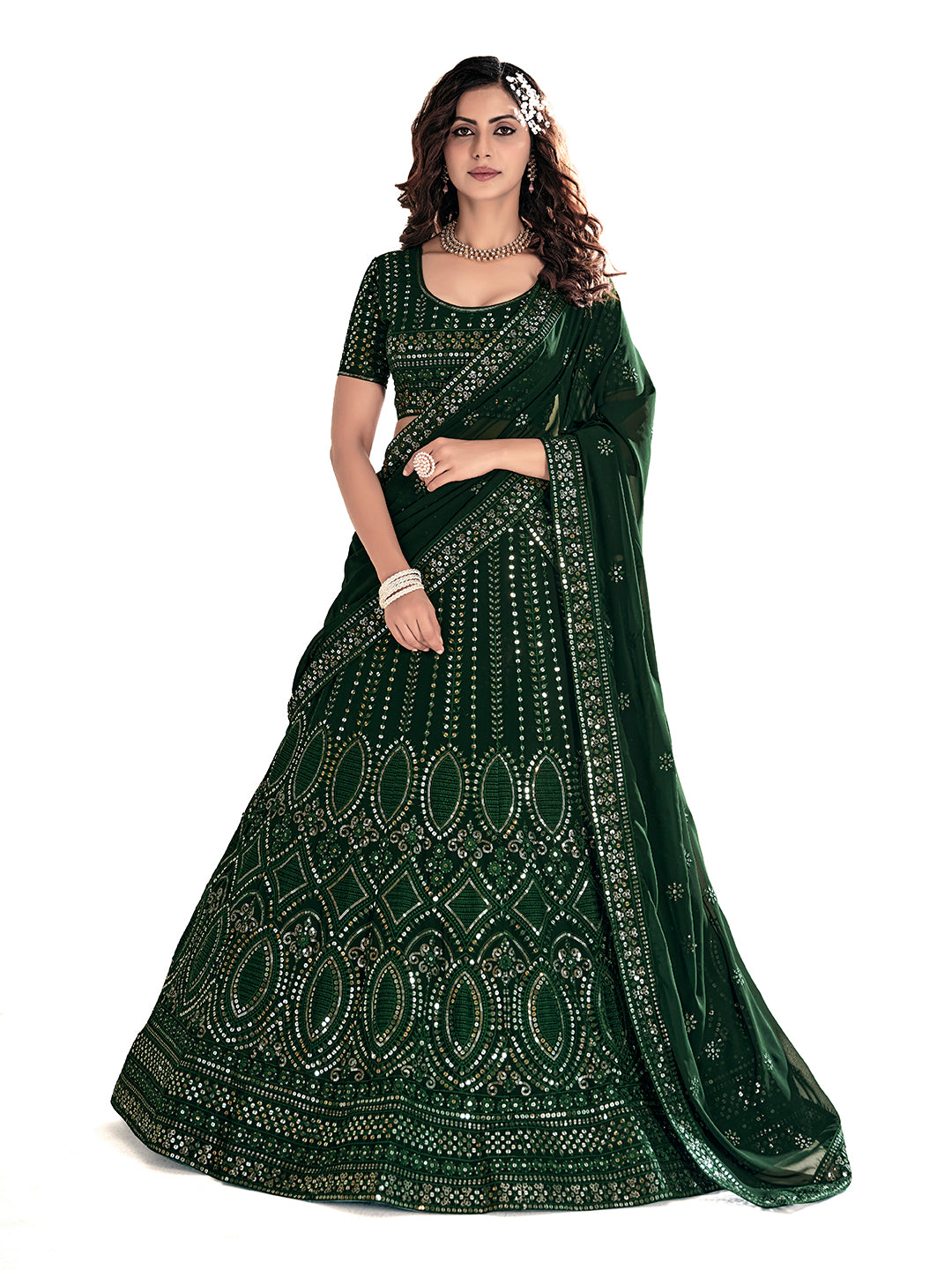 Bottle Green Georgette Designer Semi-Stitch Lehenga Choli