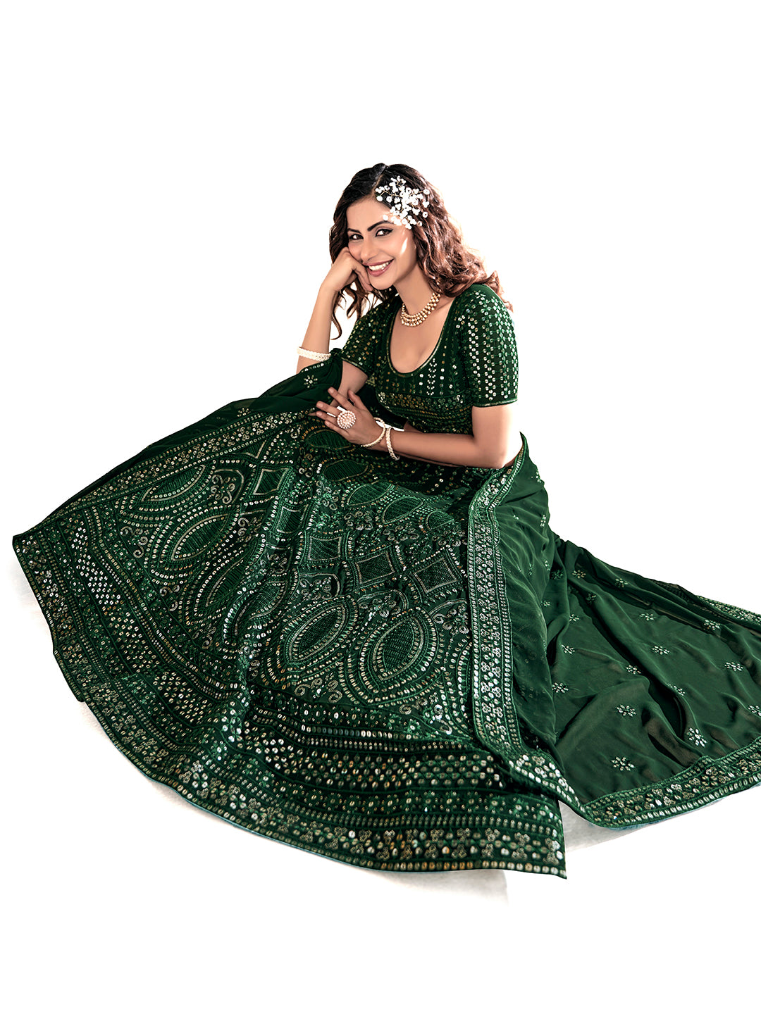 Bottle Green Georgette Designer Semi-Stitch Lehenga Choli