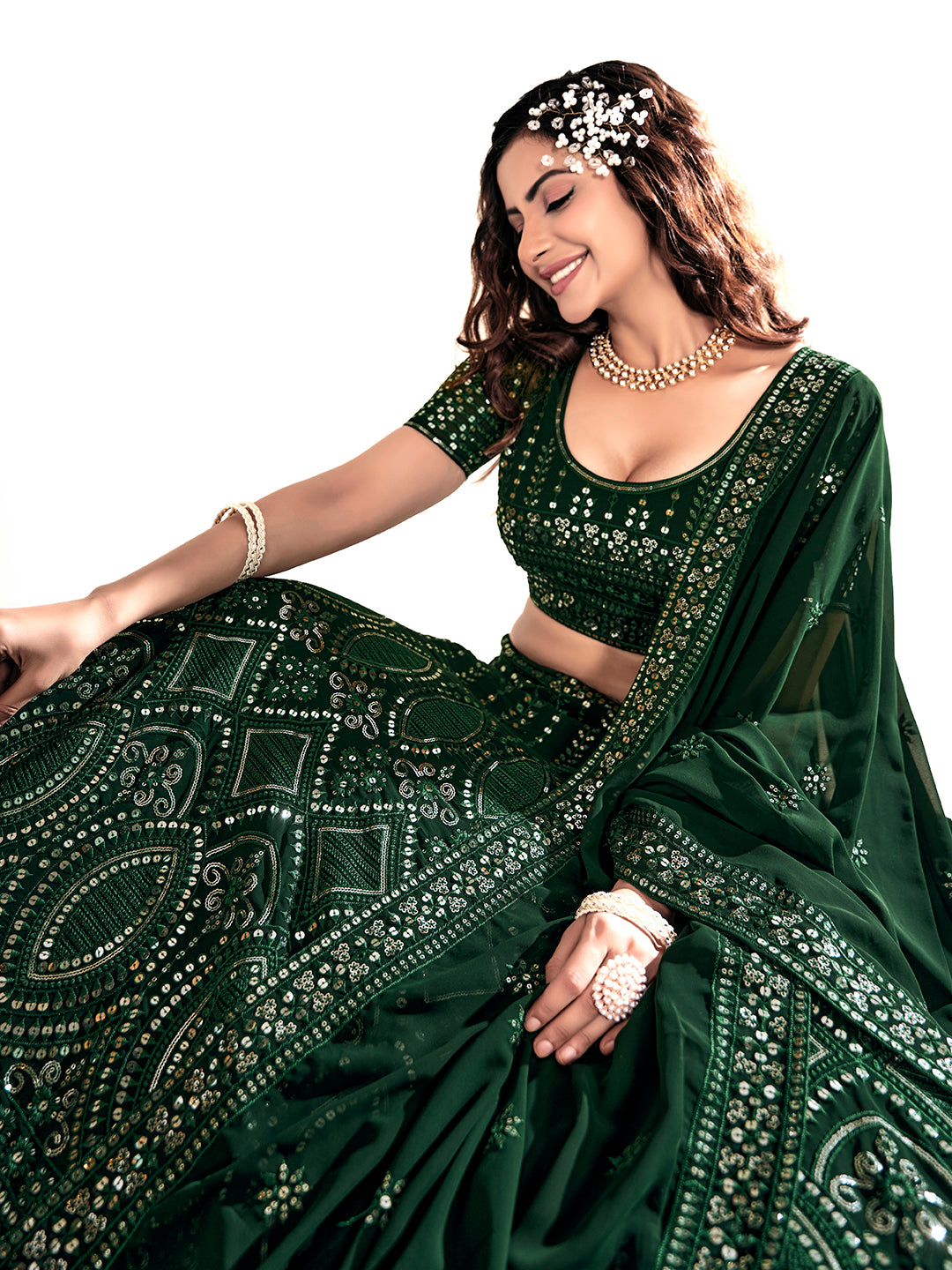 Bottle Green Georgette Designer Semi-Stitch Lehenga Choli