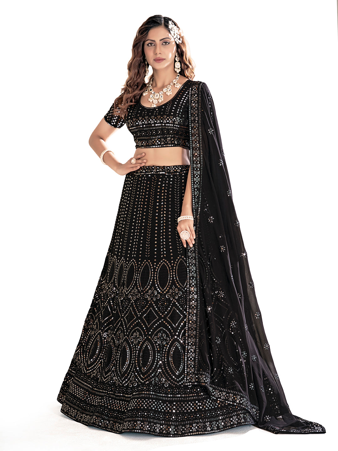 Black Embroidered Wedding Semi-Stitch Lehenga Choli