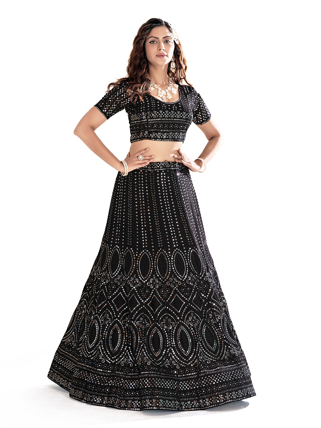 Black Embroidered Wedding Semi-Stitch Lehenga Choli