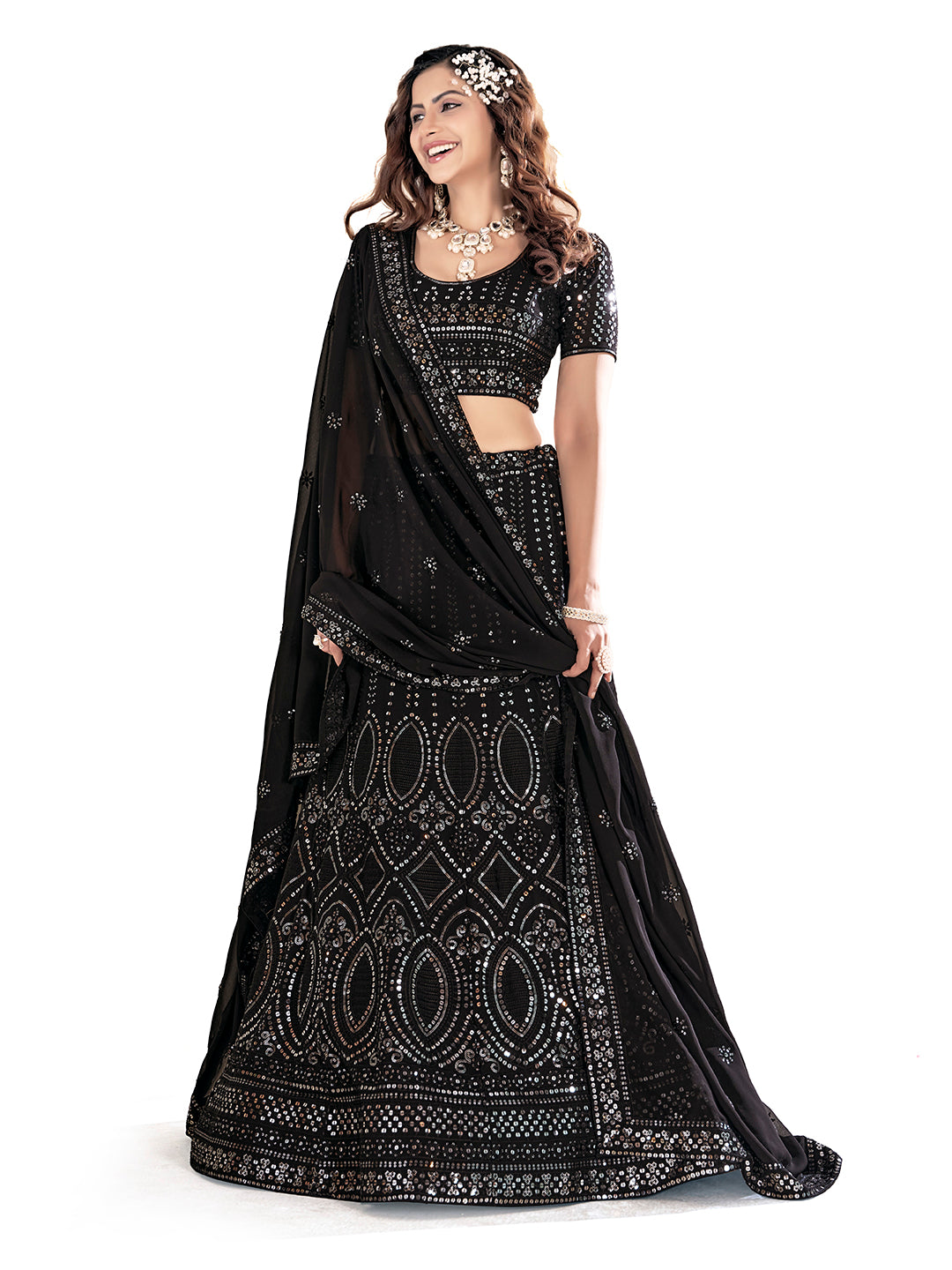 Black Embroidered Wedding Semi-Stitch Lehenga Choli