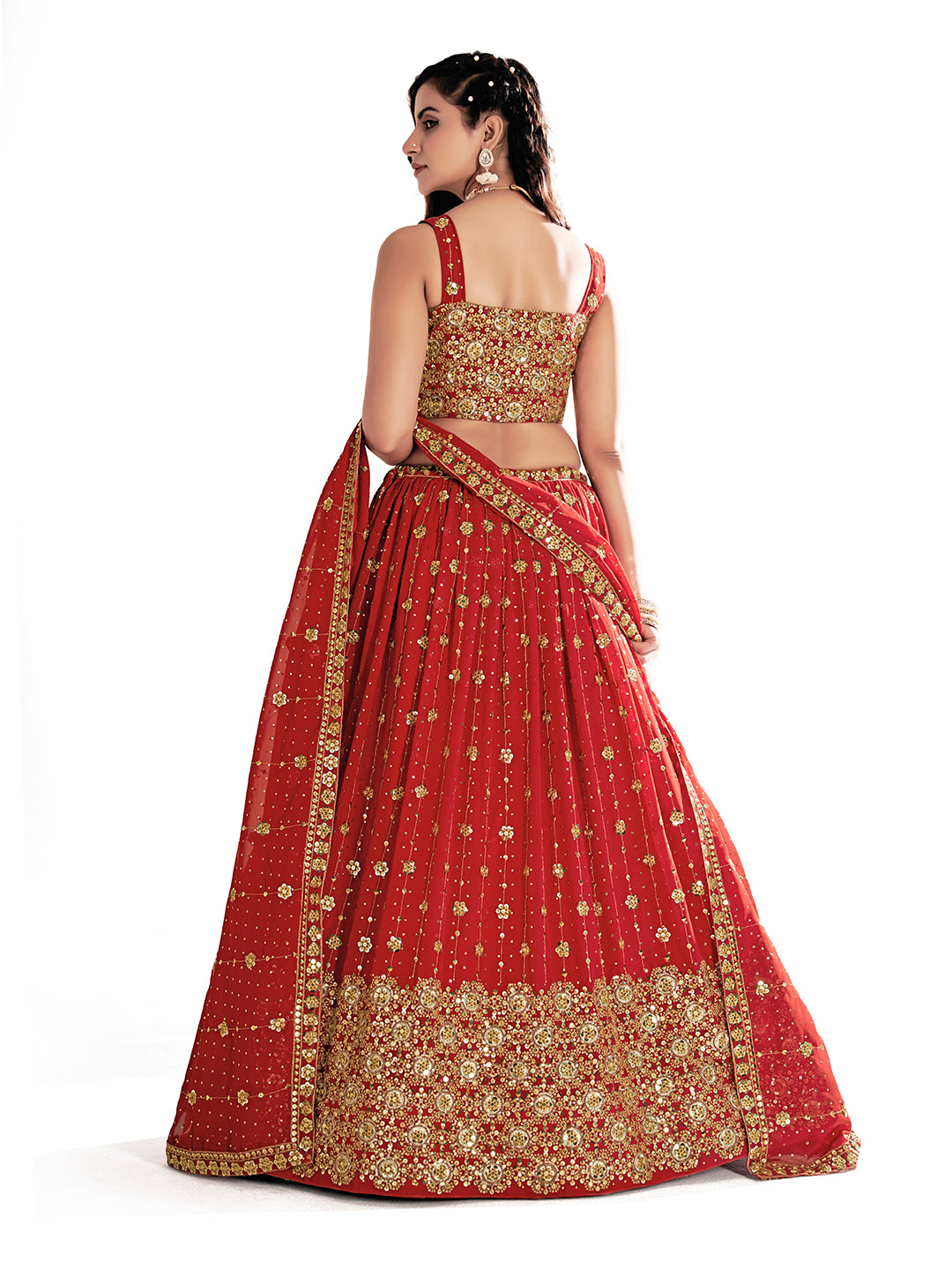 Red Embroidered Sequined Semi-Stitched Lehenga Choli