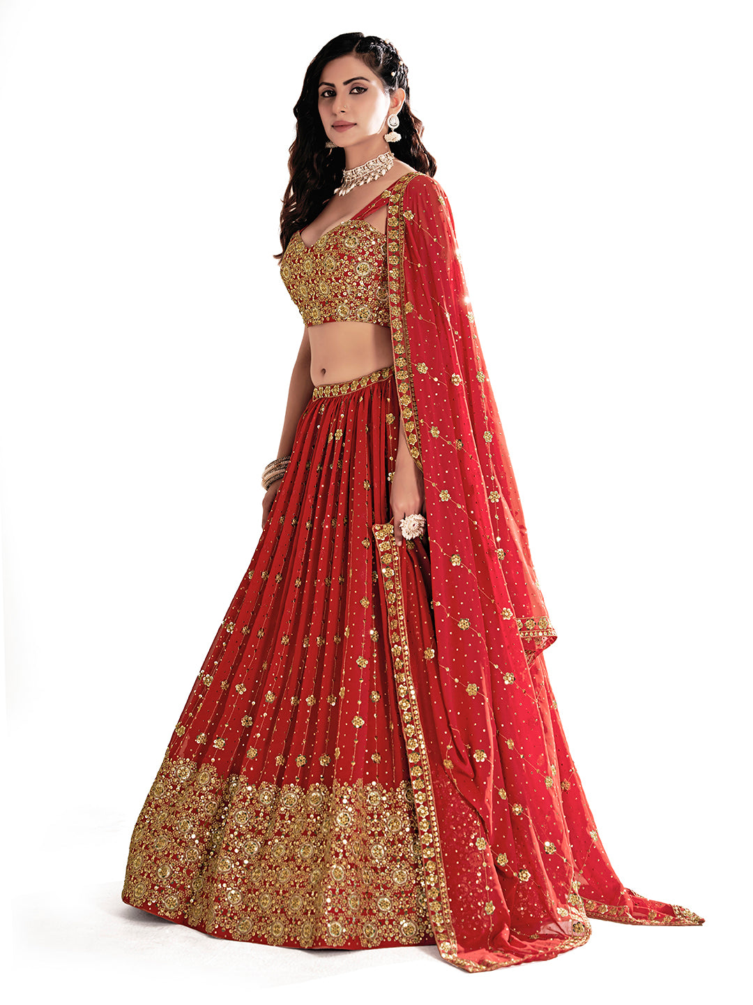 Red Embroidered Sequined Semi-Stitched Lehenga Choli