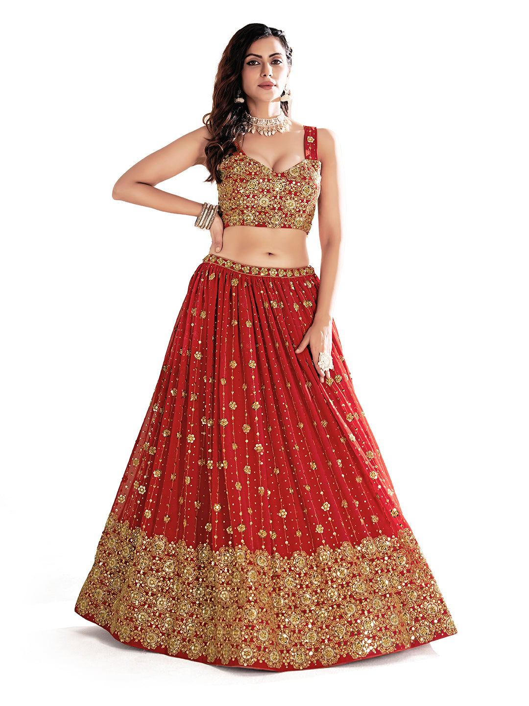 Red Embroidered Sequined Semi-Stitched Lehenga Choli