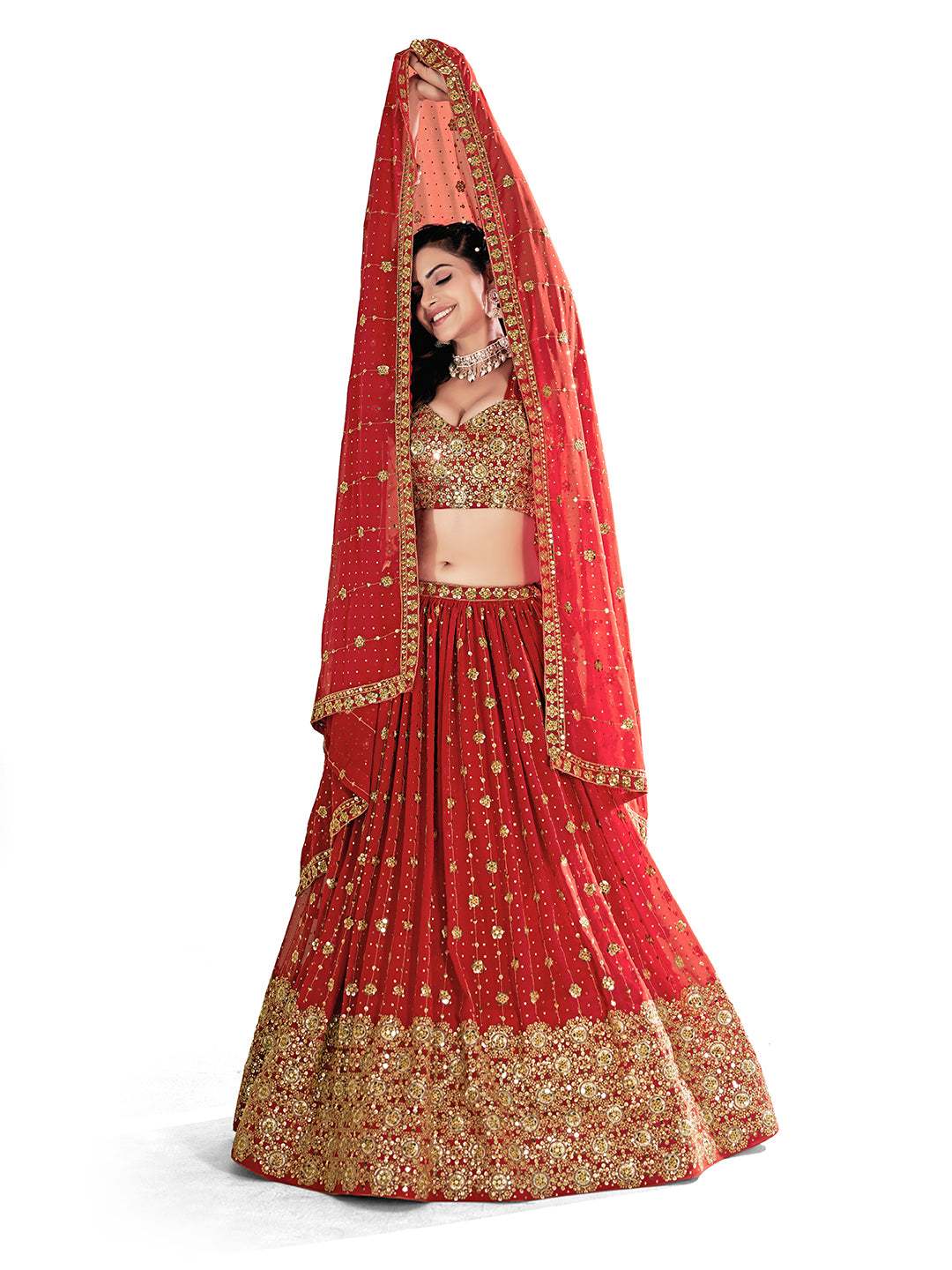 Red Embroidered Sequined Semi-Stitched Lehenga Choli