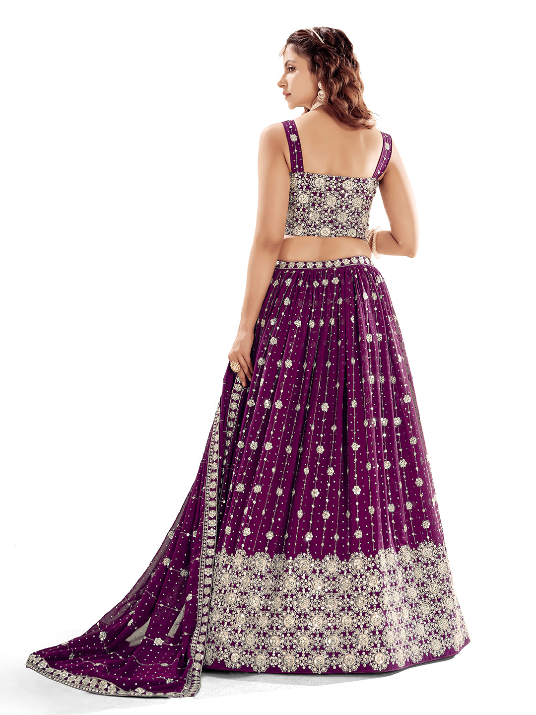 Purple Embroidered Semi-Stitch Wedding Lehenga Choli