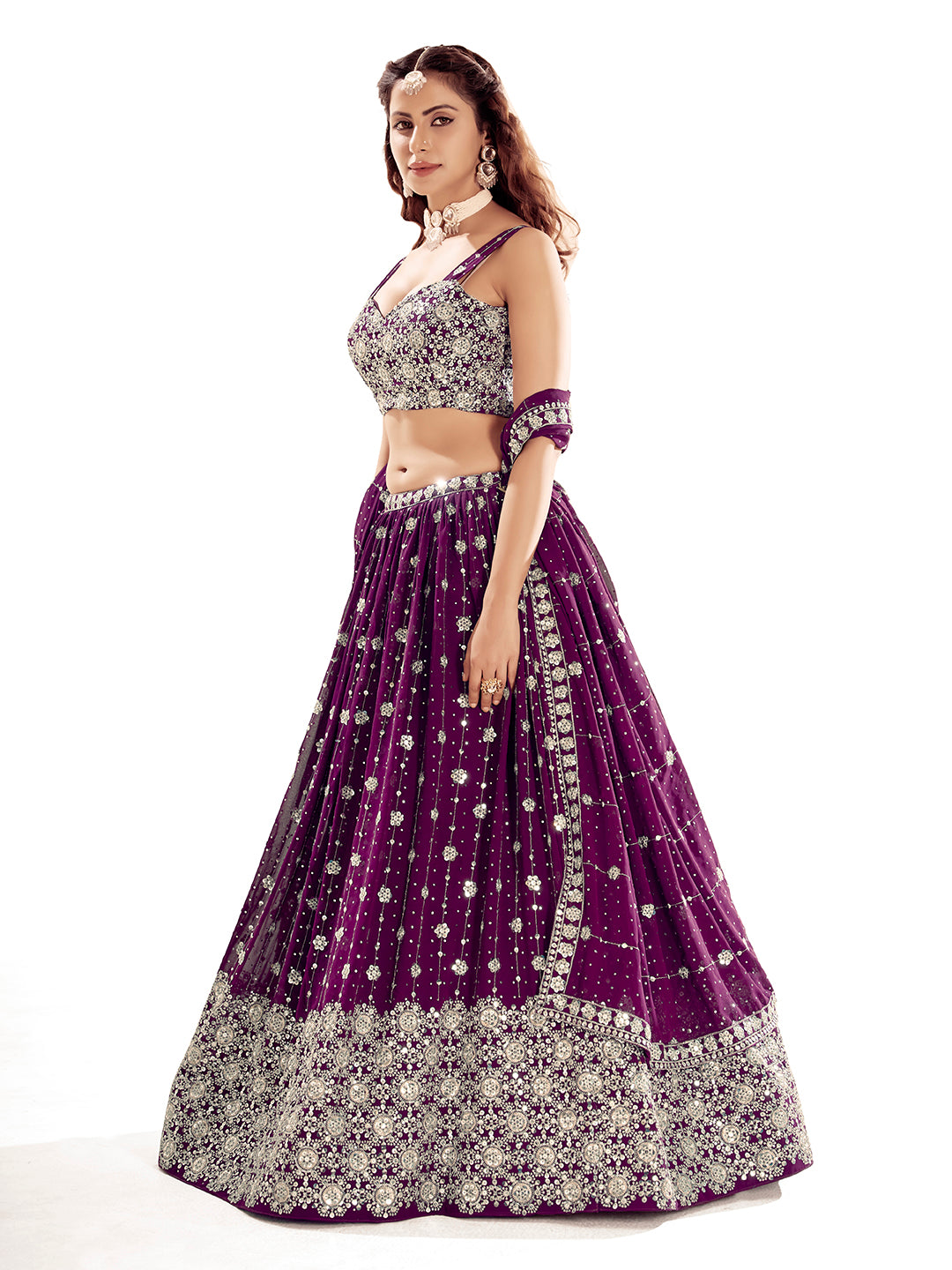 Purple Embroidered Semi-Stitch Wedding Lehenga Choli