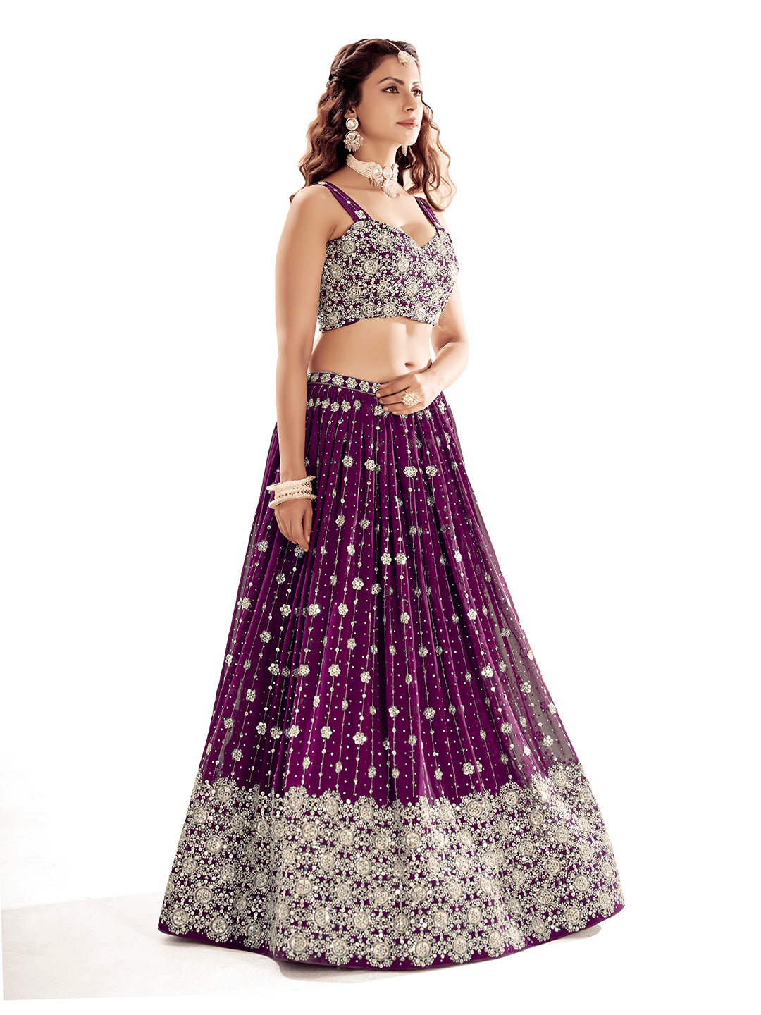 Purple Embroidered Semi-Stitch Wedding Lehenga Choli