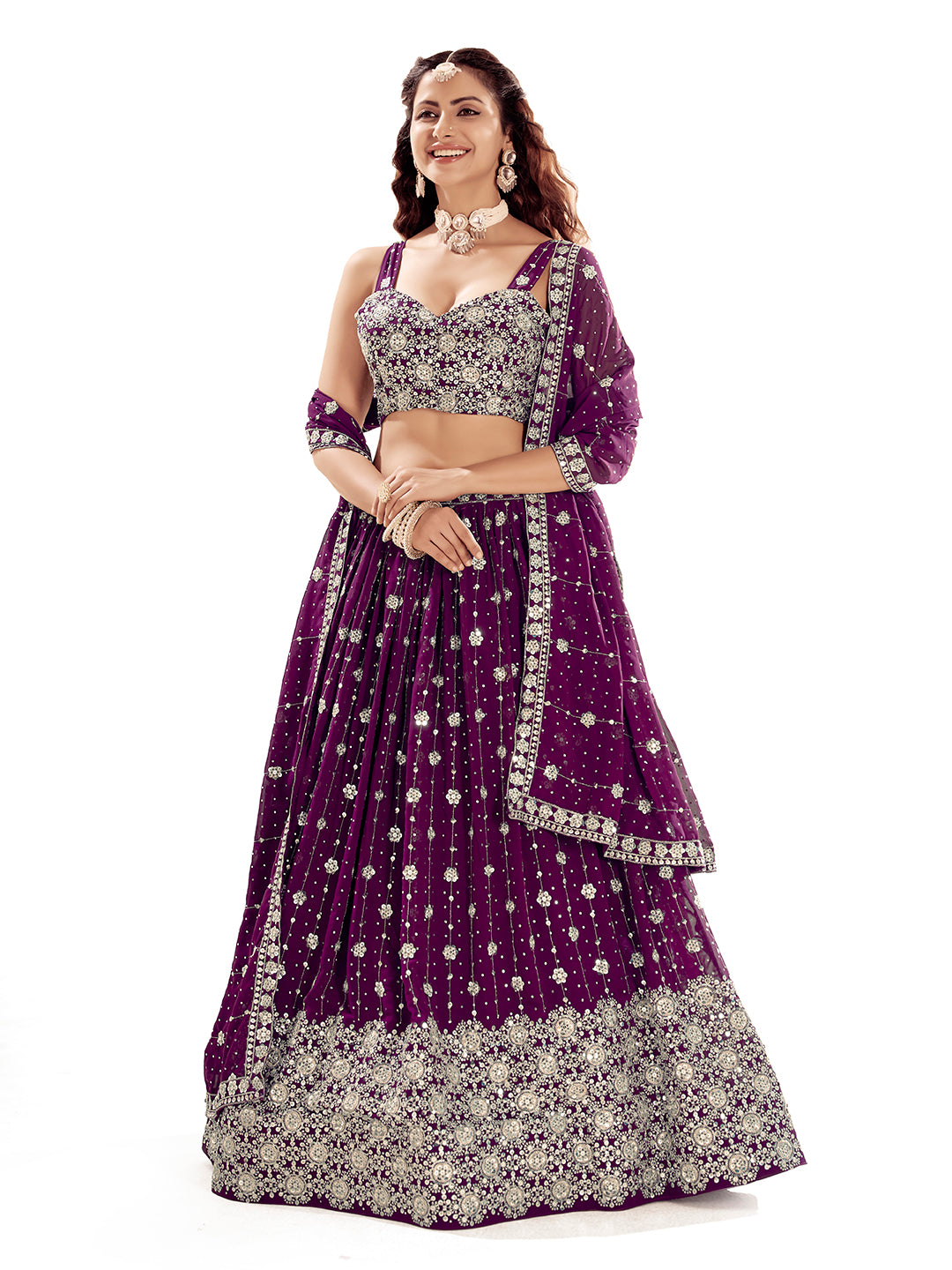 Purple Embroidered Semi-Stitch Wedding Lehenga Choli