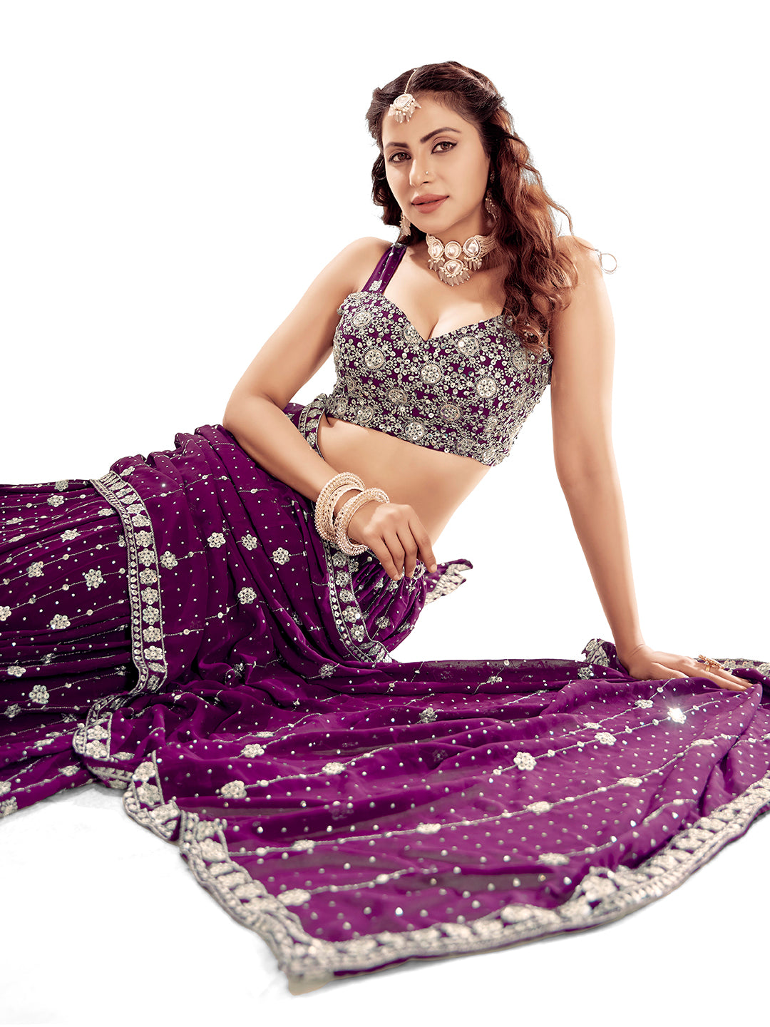 Purple Embroidered Semi-Stitch Wedding Lehenga Choli