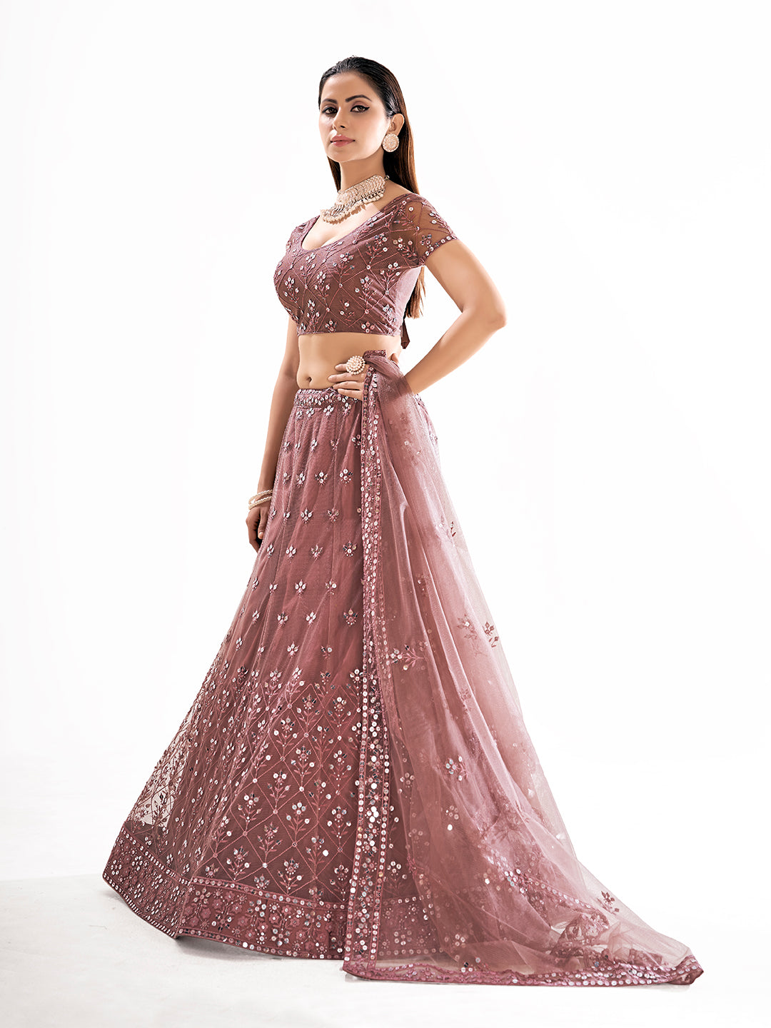 Brown Sequins Embroidered Net Lehenga Choli