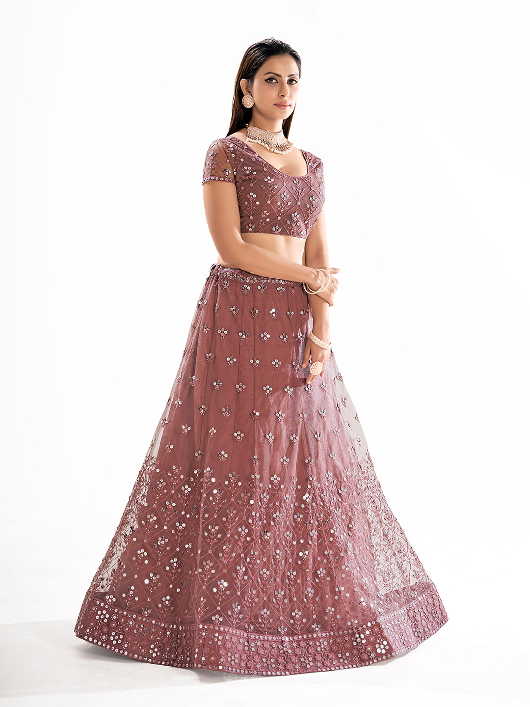 Brown Sequins Embroidered Net Lehenga Choli