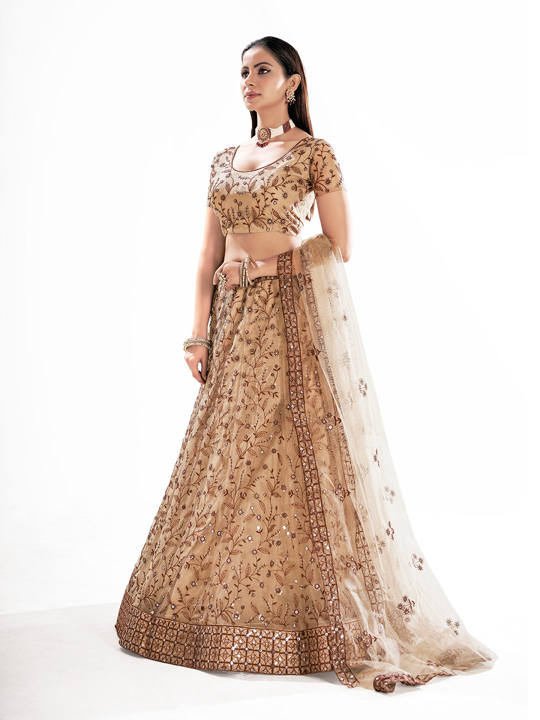 Beige Embroidered Wedding Semi-Stitch Lehenga Choli