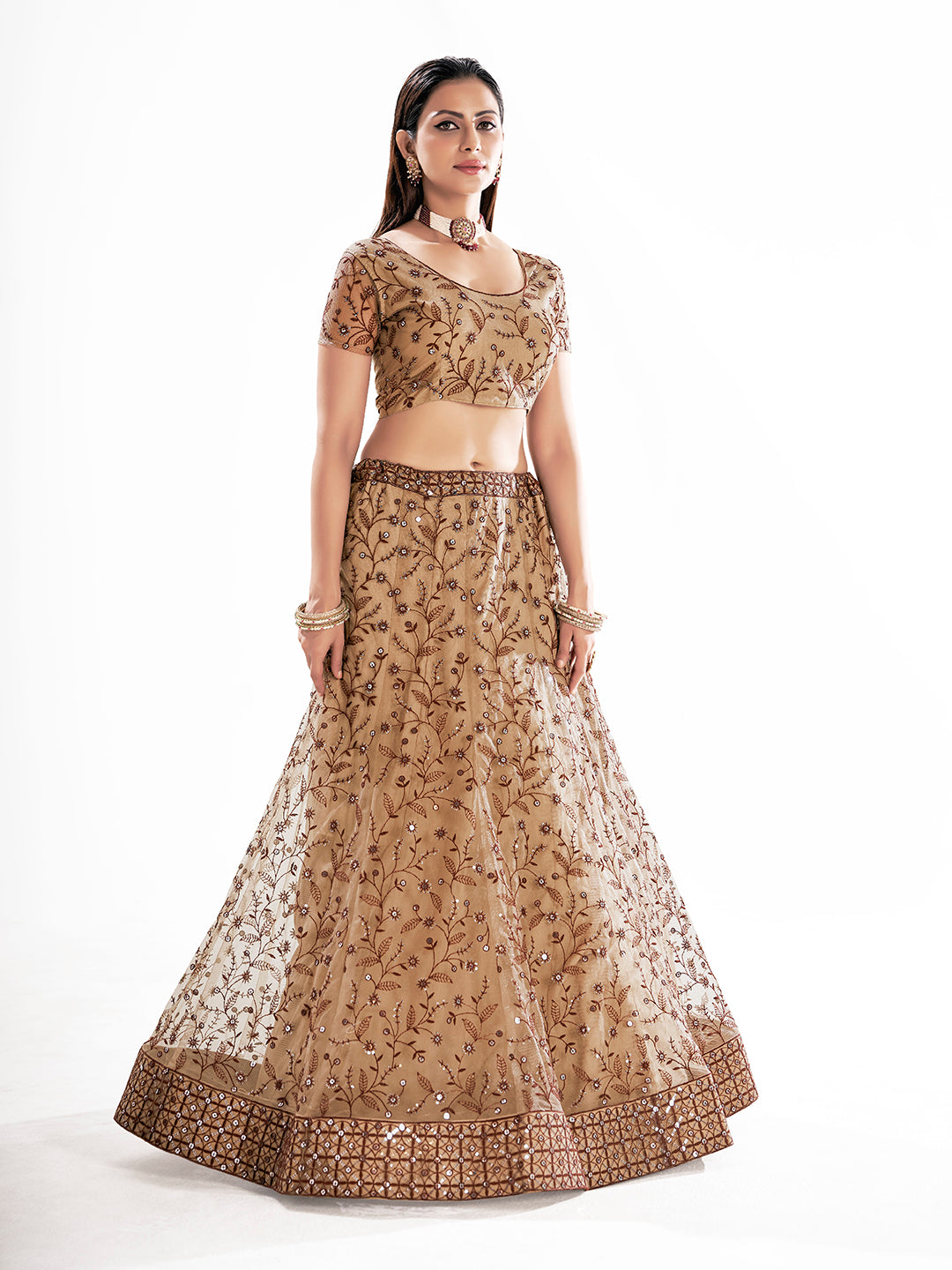 Beige Embroidered Wedding Semi-Stitch Lehenga Choli