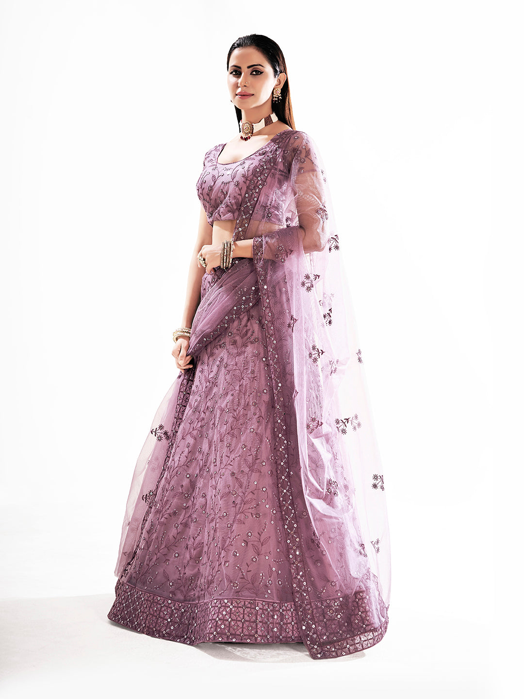 Lavender Net Lehenga Choli with Embroidery Work