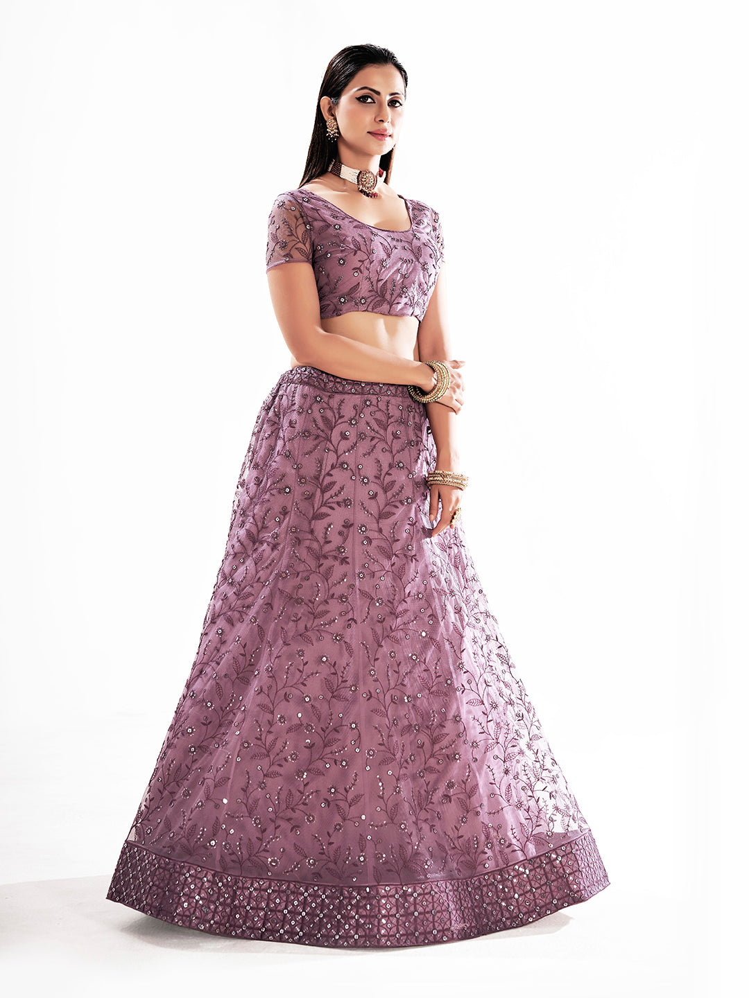 Lavender Net Lehenga Choli with Embroidery Work