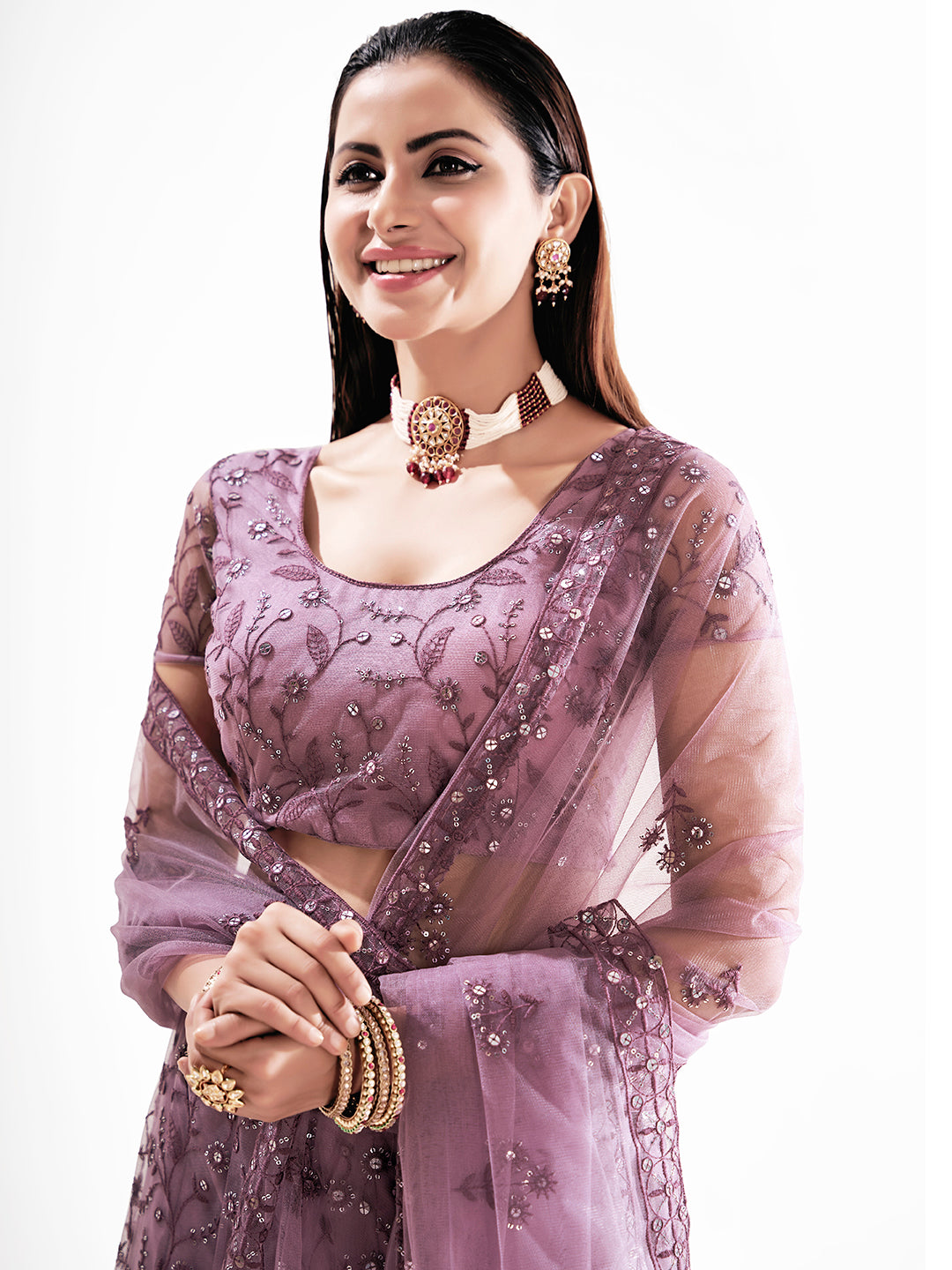 Lavender Net Lehenga Choli with Embroidery Work