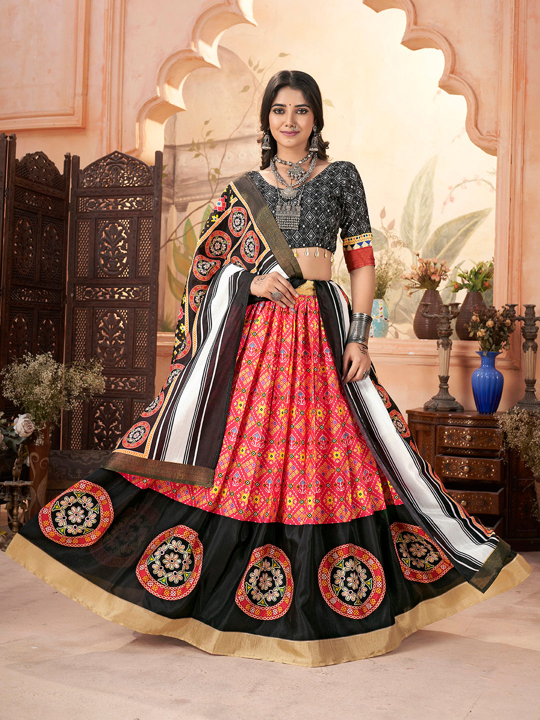 Black & Orange Silk Cotton with Zari Border Navaratri Lehenga Choli Set