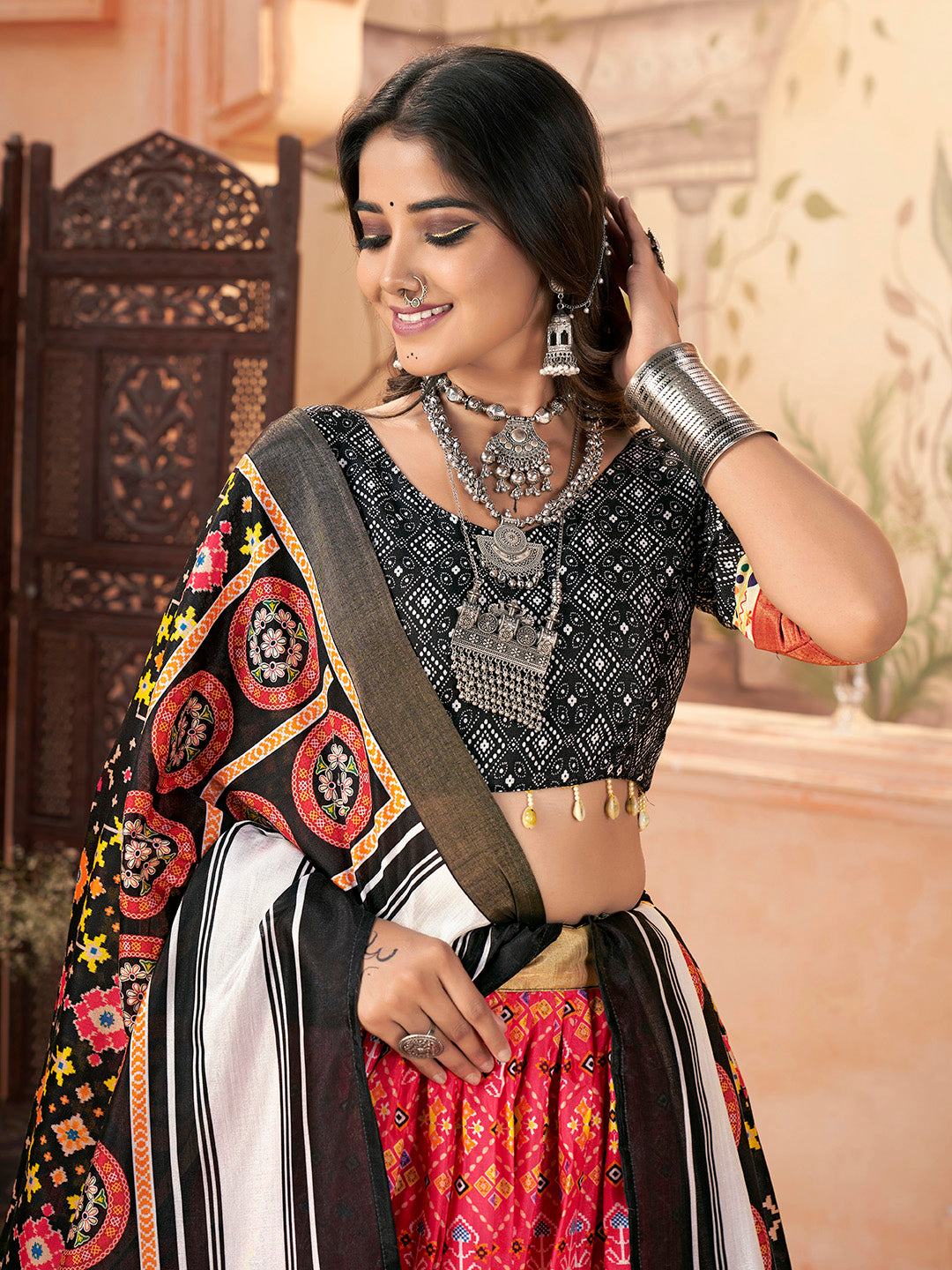 Black & Orange Silk Cotton with Zari Border Navaratri Lehenga Choli Set