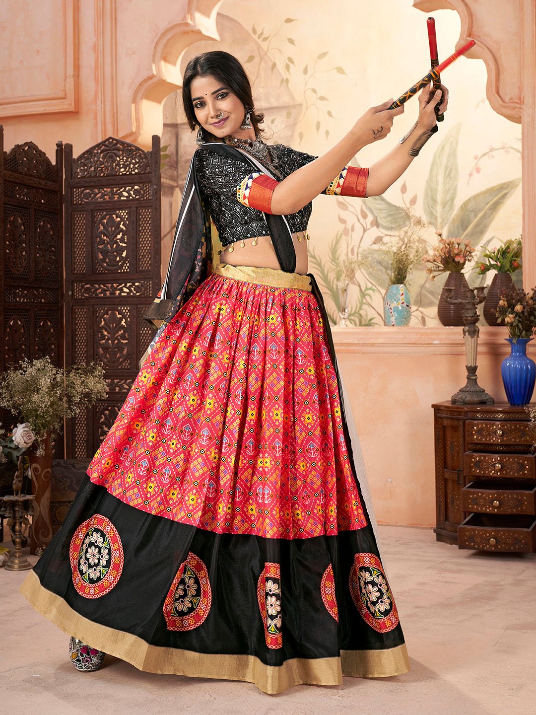 Black & Orange Silk Cotton with Zari Border Navaratri Lehenga Choli Set