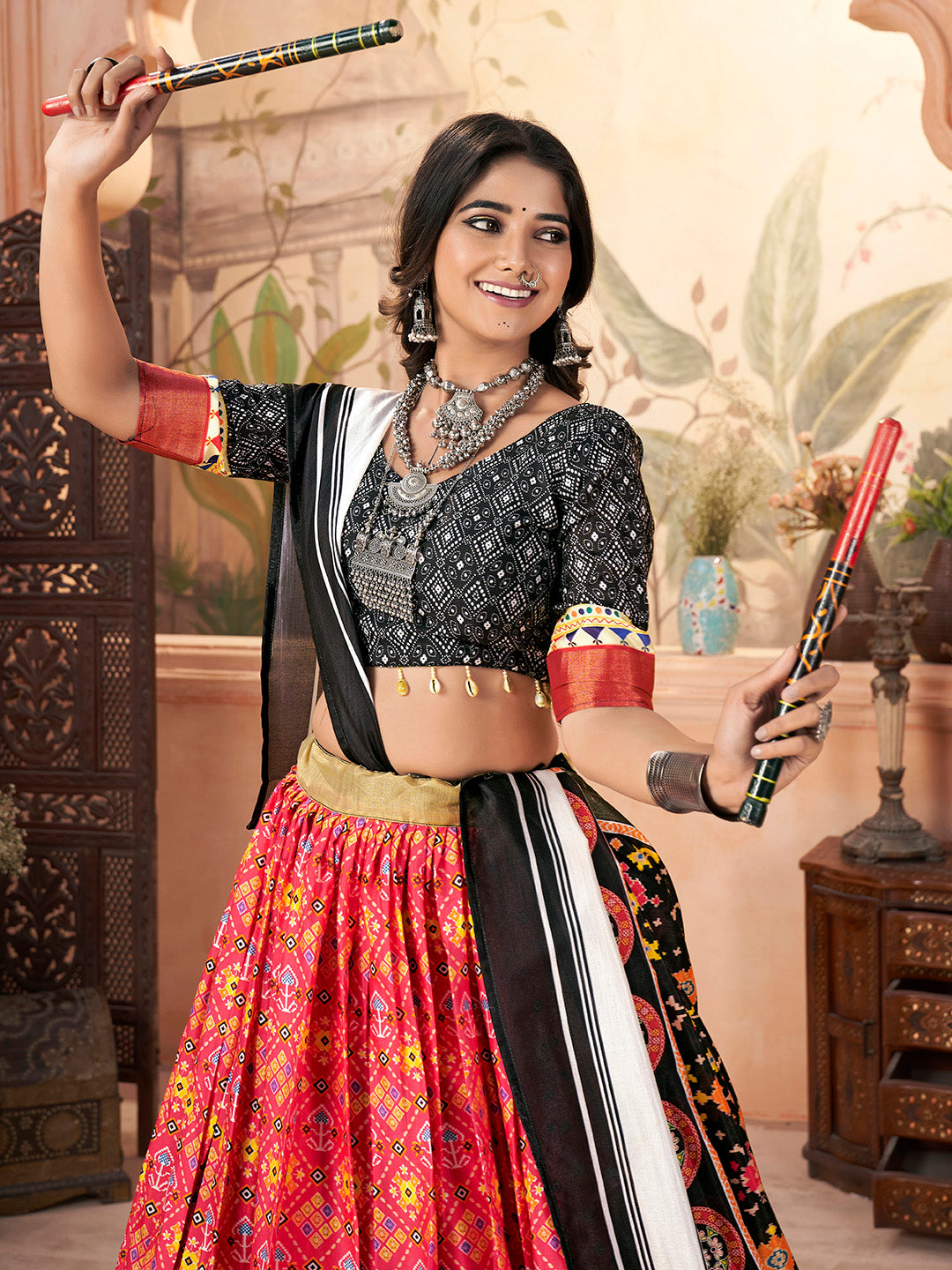 Black & Orange Silk Cotton with Zari Border Navaratri Lehenga Choli Set