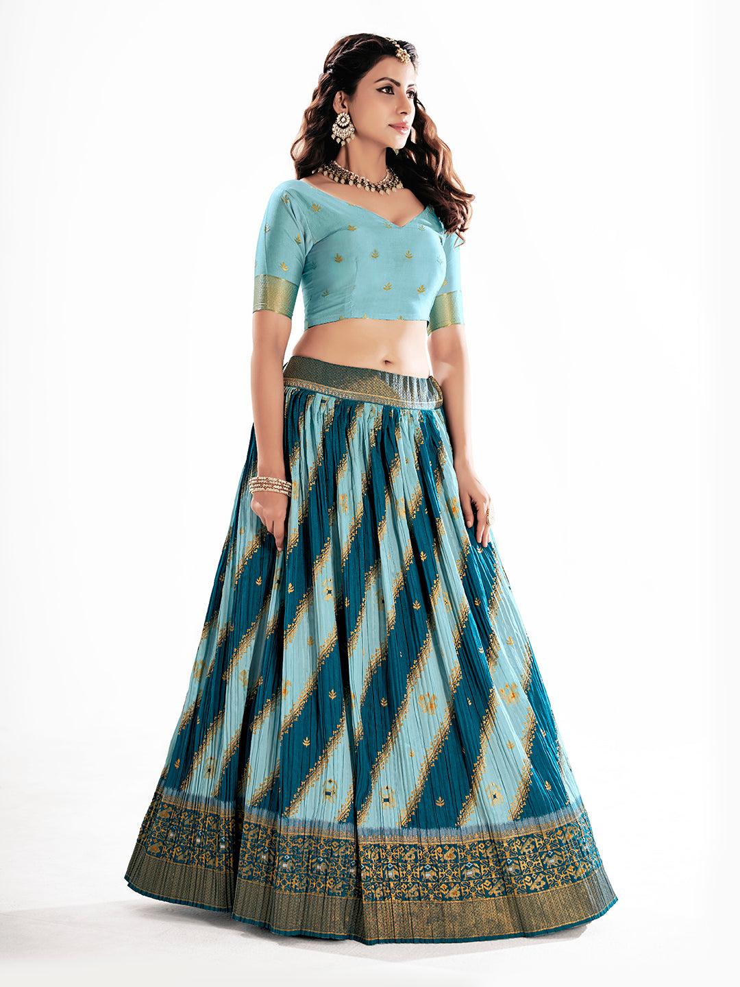 Blue Blended Silk Semi-Stitch Lehenga Choli