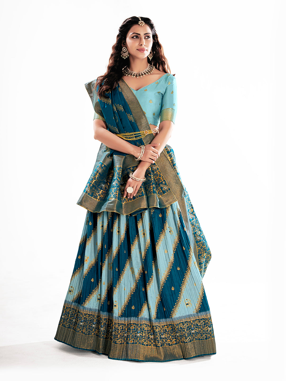 Blue Blended Silk Semi-Stitch Lehenga Choli