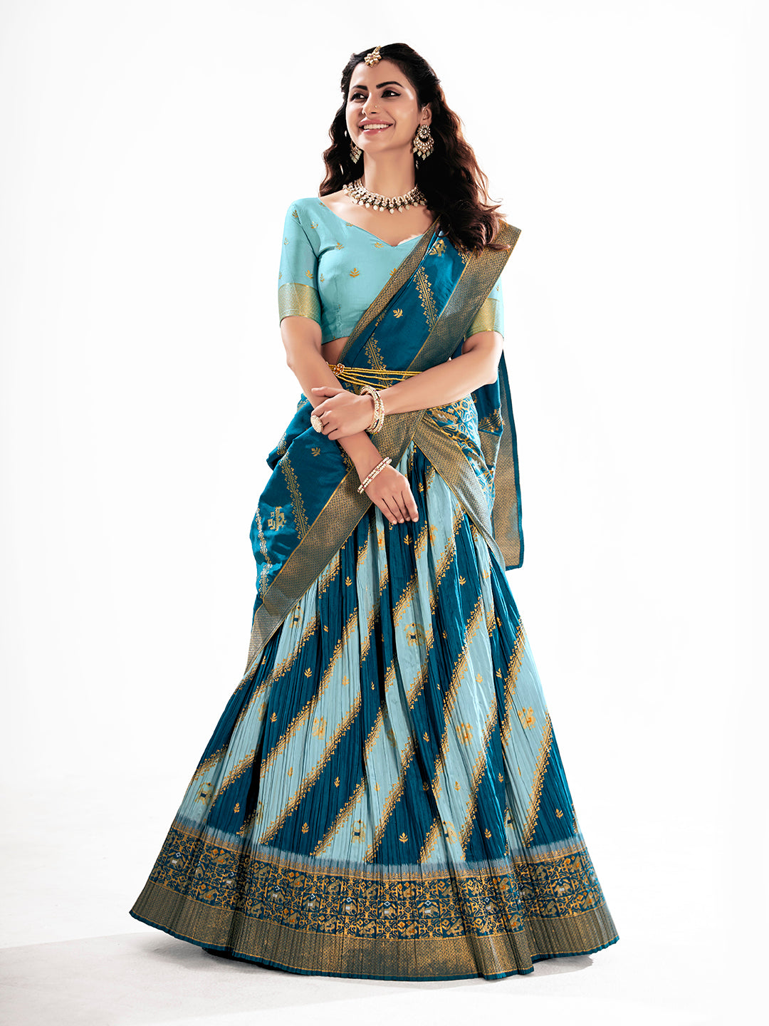 Blue Blended Silk Semi-Stitch Lehenga Choli