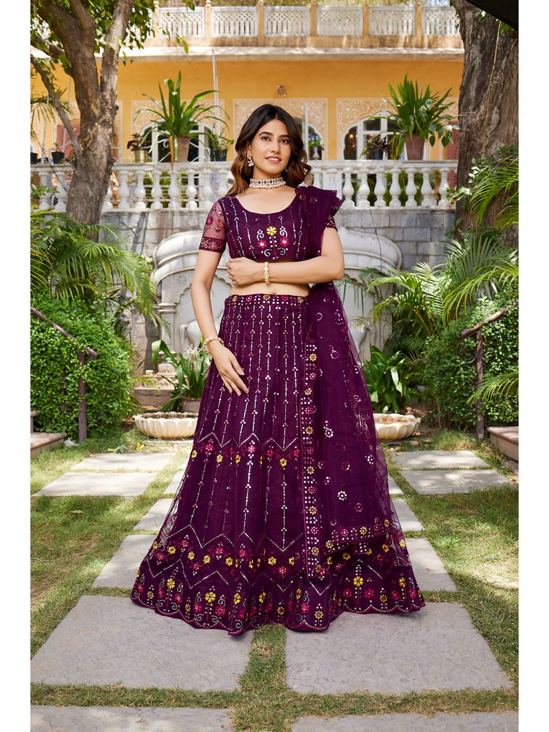 Purple Sequins Embroidered Net Lehenga Choli