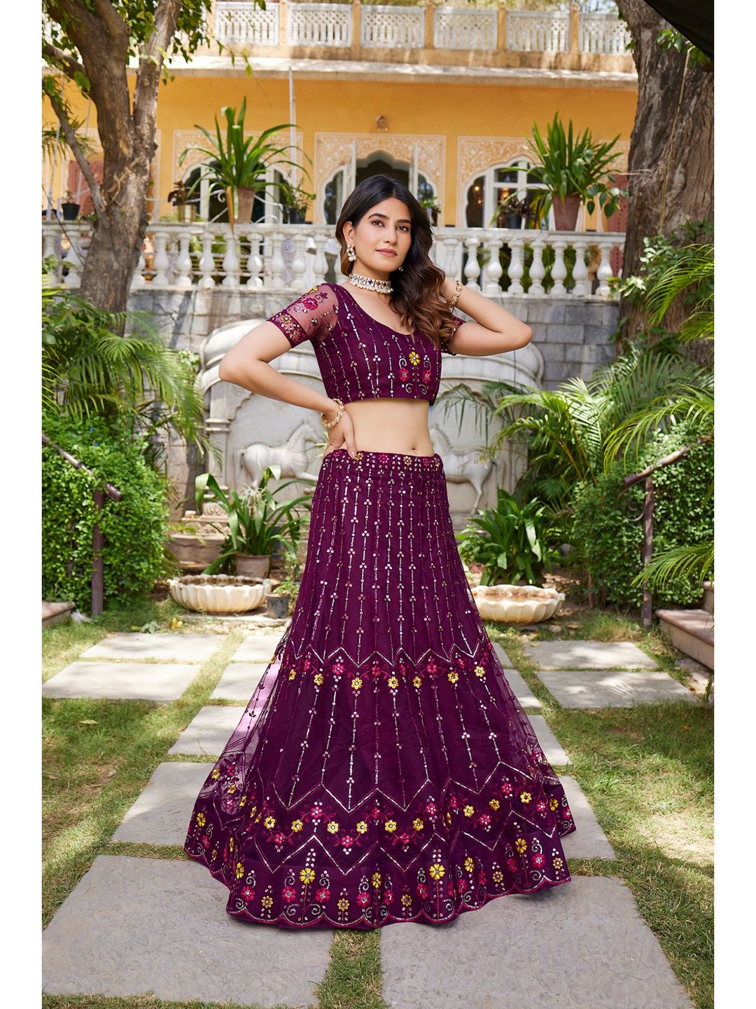 Purple Sequins Embroidered Net Lehenga Choli