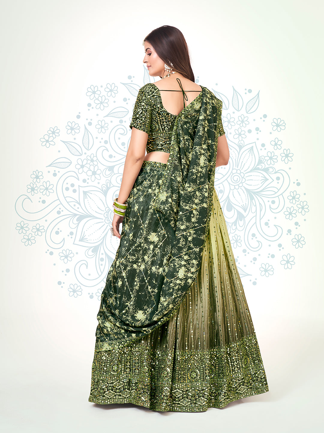 Olive Green Navratri Wear Chinon Silk Lehenga Choli