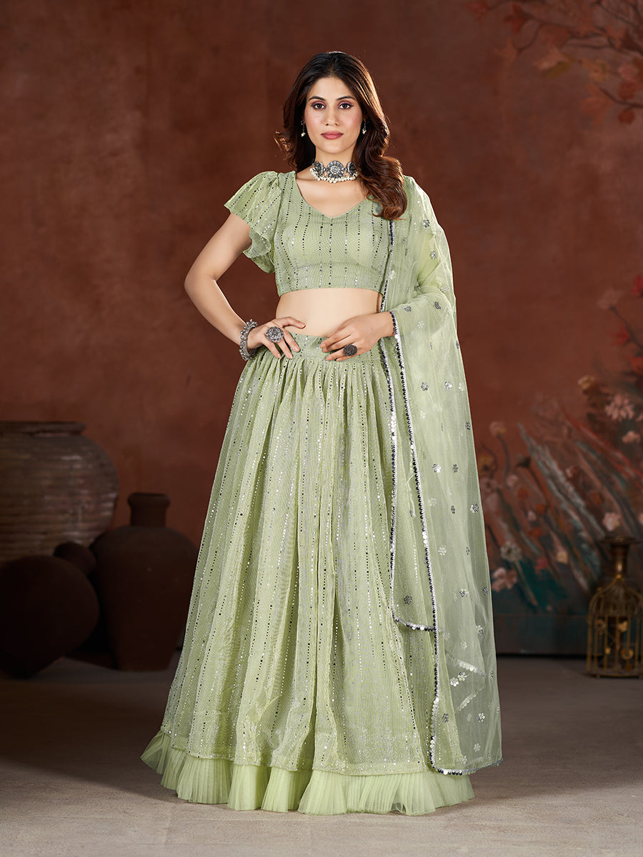 Sea Green Wedding Wear Sequins Embroidered Lehenga Choli