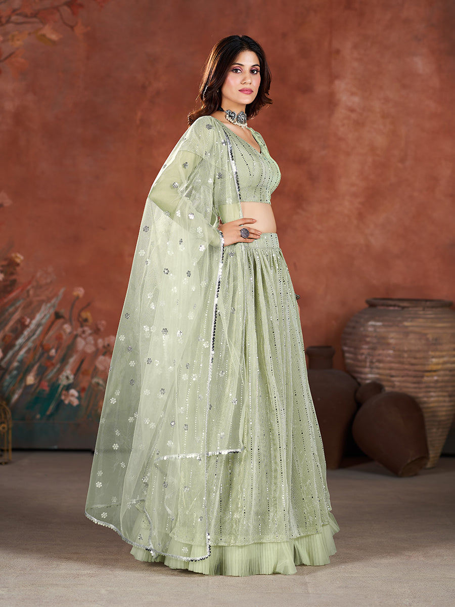 Sea Green Wedding Wear Sequins Embroidered Lehenga Choli