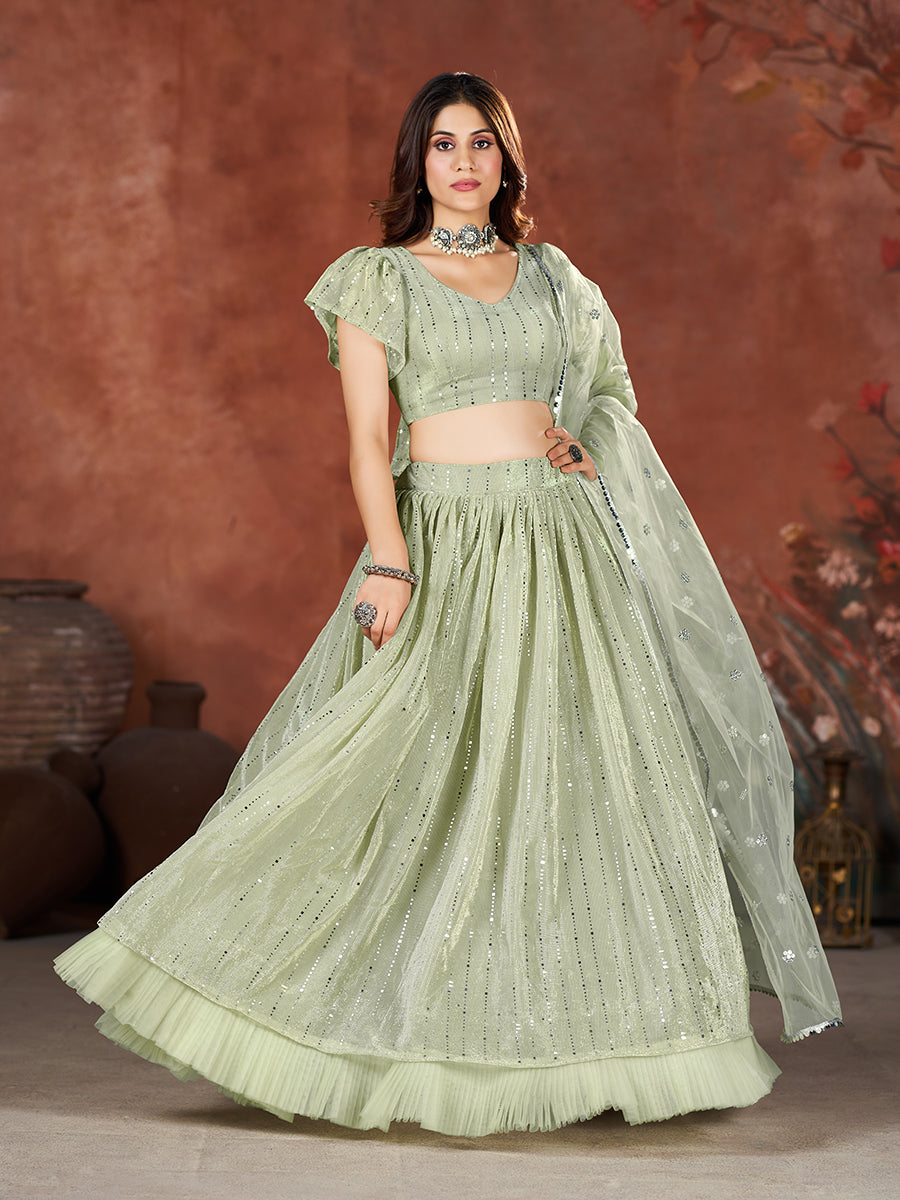 Sea Green Wedding Wear Sequins Embroidered Lehenga Choli